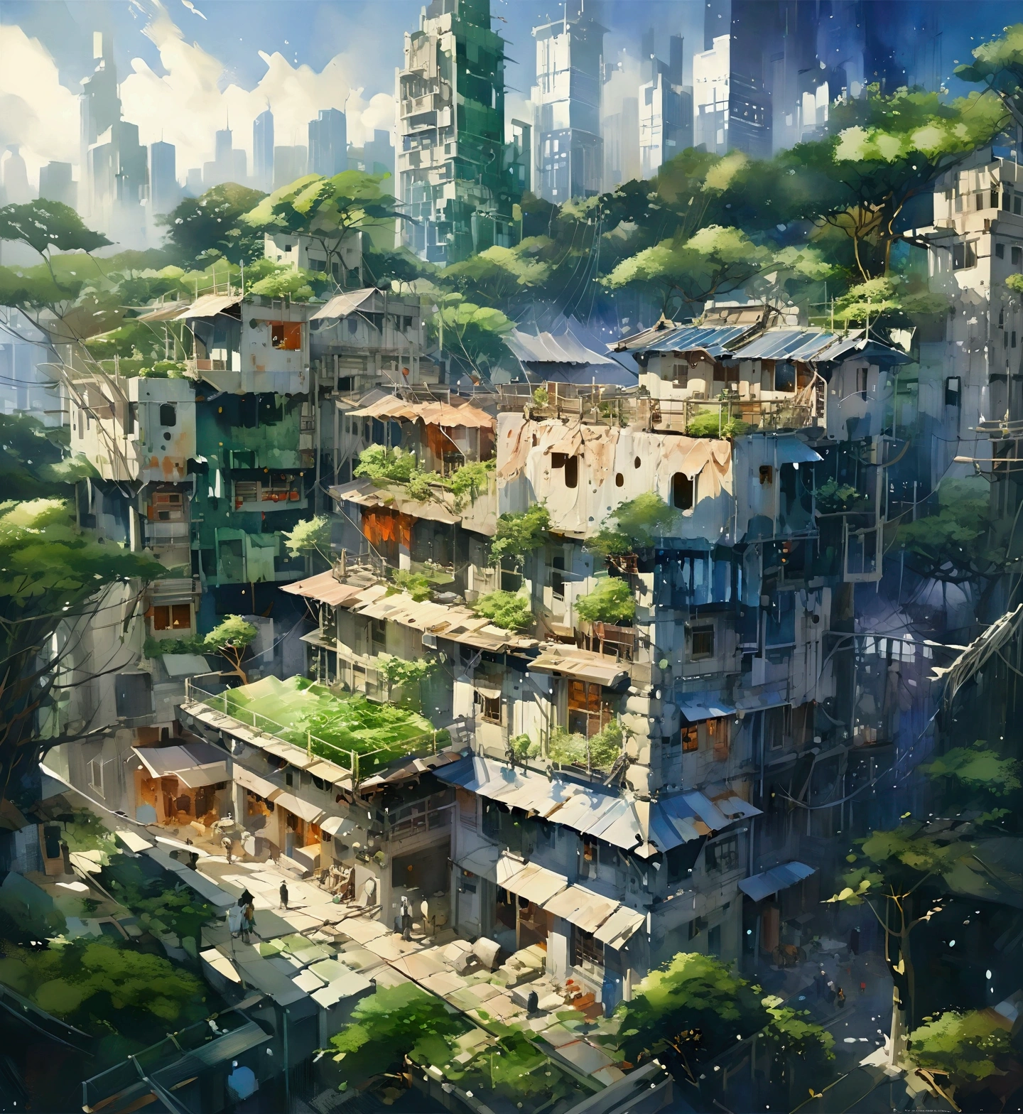 anime city with a lot of buildings and trees on the top, by Jang Seung-eop, by Ni Yuanlu, anime scenery concept art, realistic painting of a complex, by jeonseok lee, hq very detailed, detailed 4k concept art, artstation hq”, japanese high school, tokyo anime scene, concept art highly detailed, urban concept art, watercolor, illustration,