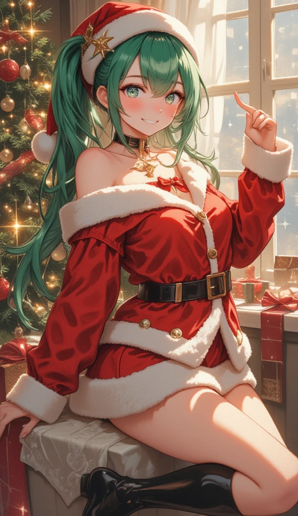 （masterpiece、 High Quality 、 high image quality、4K，8k、 Details）、 cute girl（ green hair、 ponytail、shiny eyes、 white skin、smile）、Lolita Santa Claus costume with red ribbon on the chest、black knee-high boots 、 one knee bent and raised 、 cute pose 、whole body , Christmas tree in the back、 Sparkling 、Cute anime style, ( anatomically correct body ）