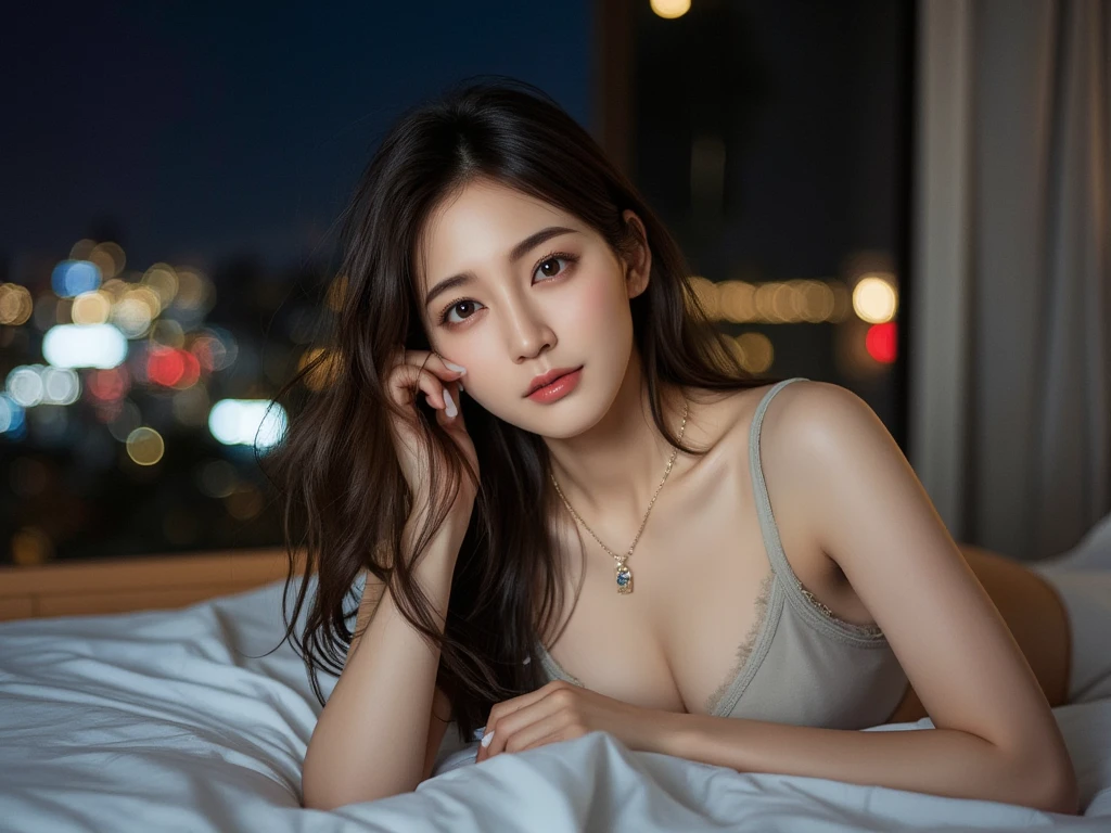 (masterpiece, ultra detailed, hyper detailed, exquisite, 16K, absurdres), woman, 19years old, glamorous, (No-makeup look), bed, looking at viewer, medium hair, messy hair, diagonal bangs, brown hair, brown eyes, beautiful eyes, upper body, cinematic lighting, in focus with blurred background,