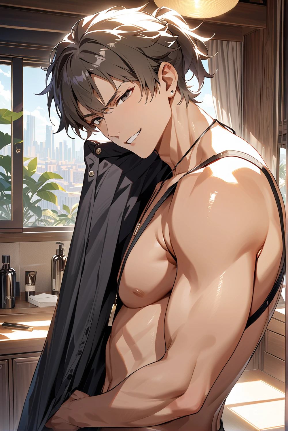 (masterpiece, high resolution, Top quality), unique , 1 male, 29-year-old male , nice , tanned skin , dark haired, man's ponytail , black eyes , sly smile , black skin
