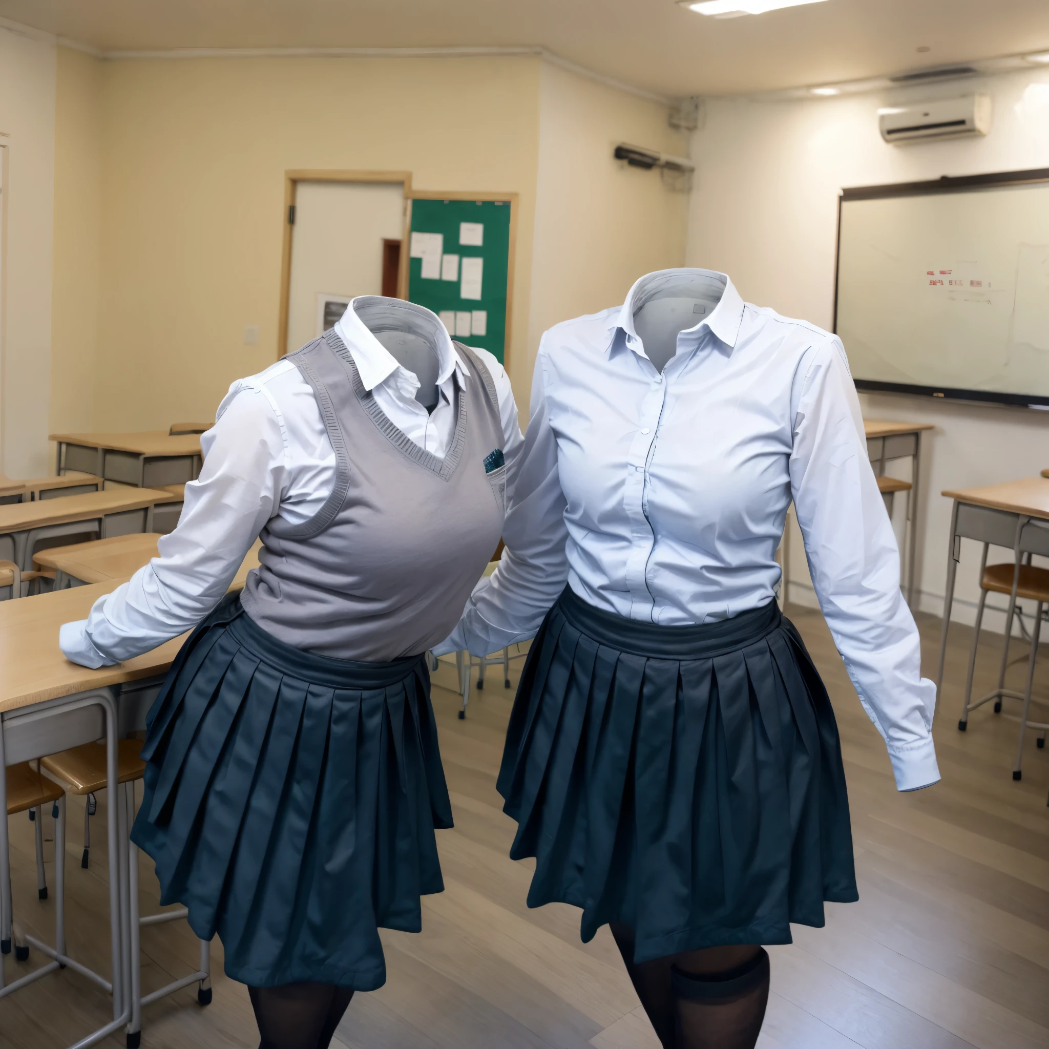 (chubby, fat), (two girls love each other), long sleeve, white shirts, black tights, blue stripe tie, dark grey skirt, school tie, (cute pose), (invisible, no humans, headless, faceless:1.5), (cute big breasts), (close-up shot of breasts), (8k, RAW photo, best quality, masterpiece:1.2), (realistic, photo-realistic:1.37), photon mapping, radiosity, ((Hasselblad photography)), physically-based rendering