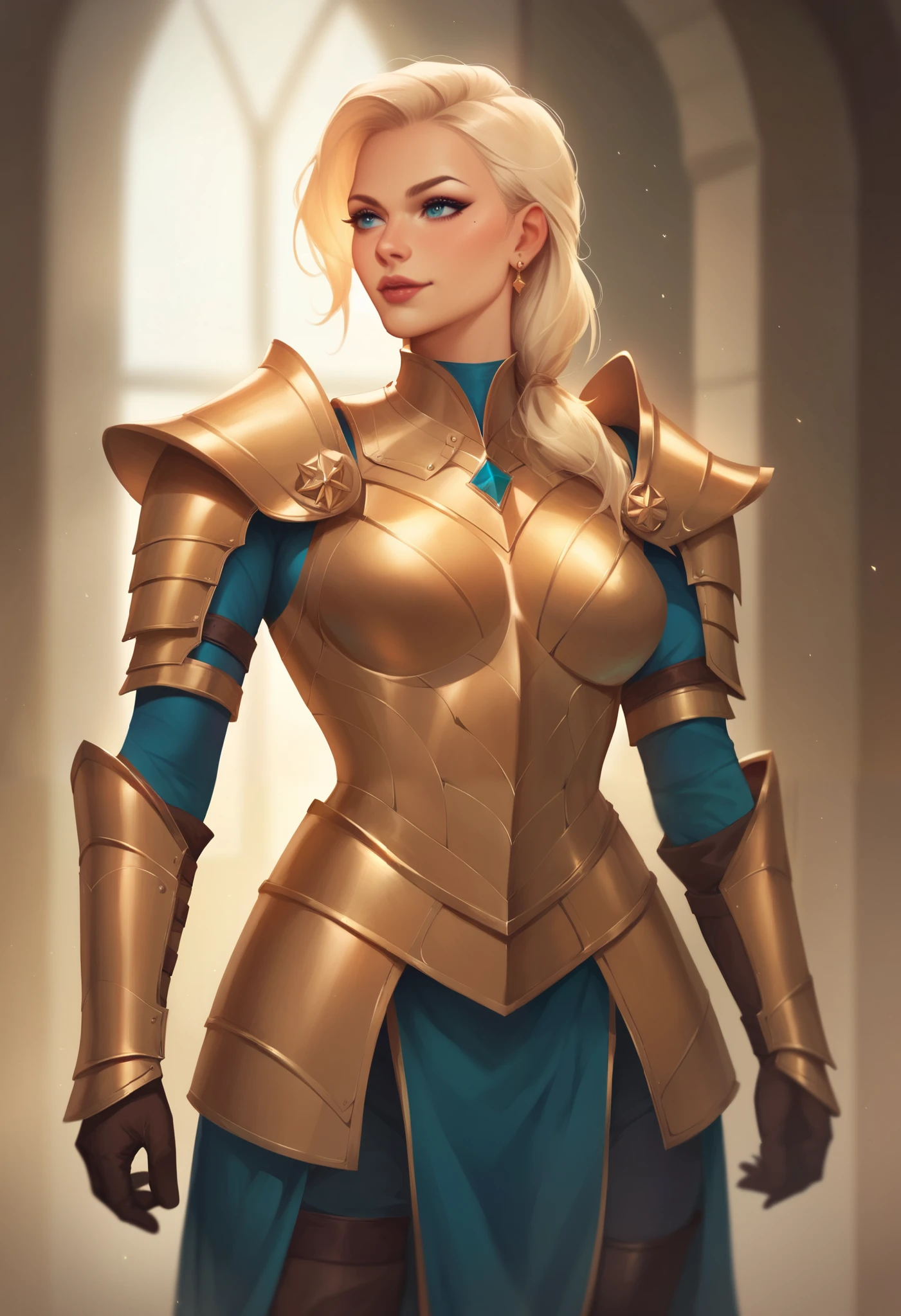 Blonde beauty in full armor, The whole woman is pictured, The woman is seen standing in the picture