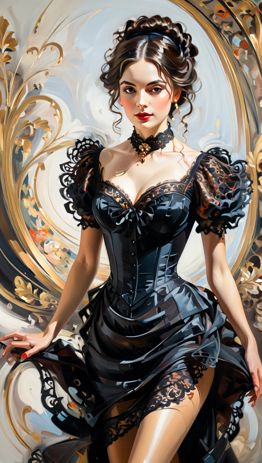 tempera, victorian style, bright passionate brunette, black lace, close-up, movement, dynamics, josef kote style