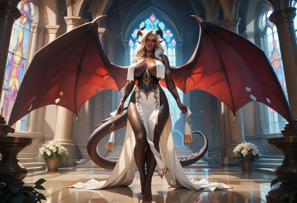 Demon woman mature with long face and long nose, standing in heaven, (long hair), white hair, wearing (breast_curtain: 1.5), (onyx skin:1.3), (black skin:1.3), (red eyes), ((massive dragon wings)), showing leg, barefoot, showing skin, Tiefling, pointed ears, (realistic details), mature, large glass high elven castle in the background,