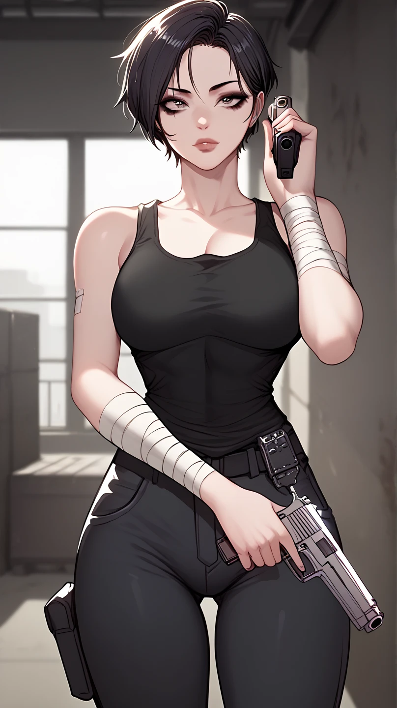 A female zombie killer, holding one pistol, wearing a black tank top and black cargo pants, inside the abandoned building, black short hair, beautiful. Bandage on arm, mean face. 