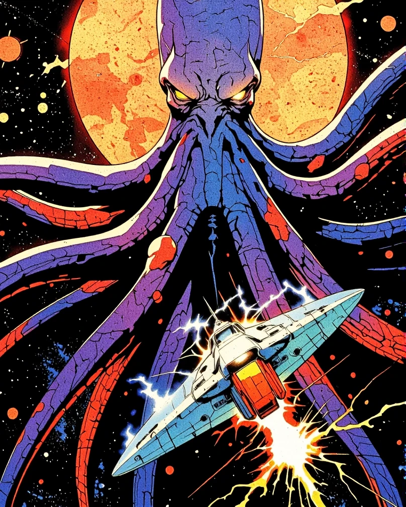 Art style by H. R. Giger, Art Style by Moebius, 


A colossal, anime-inspired Kraken monster, with tentacles that stretch out for miles, each glowing with a vibrant spectrum of bioluminescent hues. The Kraken's elongated squid body is a blend of deep blues and purples, with the central mass pulsing with an eerie glow that pierces the cosmic darkness. Its beady eyes are a stark yellow, filled with an ancient intelligence that seems to gaze directly into the soul of the viewer. The Kraken's tentacles are a mesmerizing tapestry of lights, wrapping around and crushing a hapless starship in a silent yet terrifying embrace. The starship's metallic hull is a stark contrast to the Kraken's organic form, its lights flickering in a futile attempt to resist the inexorable pressure. In the background, a star's glowing core looms large, casting an ominous light that adds depth and drama to the scene. The star's fiery reds and oranges serve as a backdrop, creating an awe-inspiring yet horrifying tableau. As the Kraken's tentacles squeeze, the starship's structure begins to buckle, with bolts of electricity and plumes of gas escaping the breaches. The void around them is a canvas of inky blackness, sprinkled with distant stars that seem to shy away from the terrifying dance of the cosmic behemoth and its prey. The image captures the silent, overwhelming power of the Kraken as it drifts through the emptiness of space, leaving destruction in its wake.