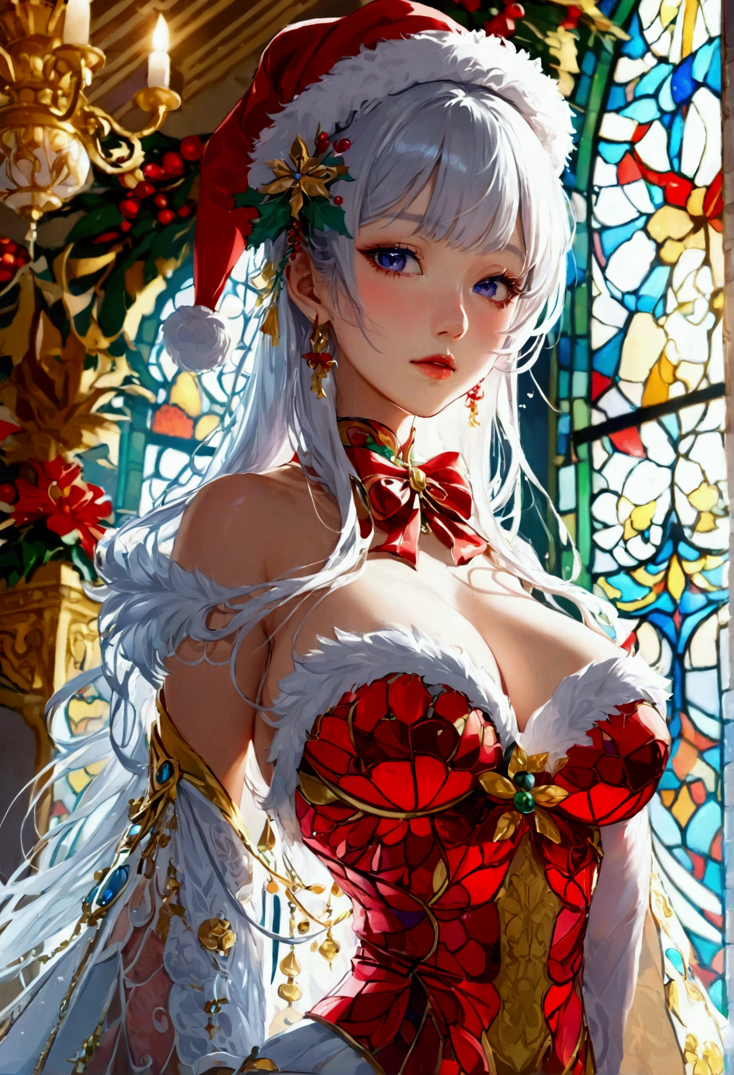 Highest quality, Super quality, 16K, Incredibly absurd, Very detailed, 2.5D, delicate and dynamic, palace, Stained glass, chandelier, Complex Light, , , , Small face, Extremely delicate facial expression, Delicate eye depiction, Extremely detailed hair, Upper body close-up, erotic, sole sexy Japanese lady, healthy slim body, 22 years old lady, emperor,  ((large breasts:1.2), (huge breasts:1.2), (Uplifted and well-defined bust:1.2), (lifted chest:1.2), (perky breasts :1.2),(deep cleavage:1.4),, white silver long hair, sexy long legs, Glowing Skin, Soft Skin, wearing a christmas costume, A complex costume, Costumes in complex colors, Are standing, 