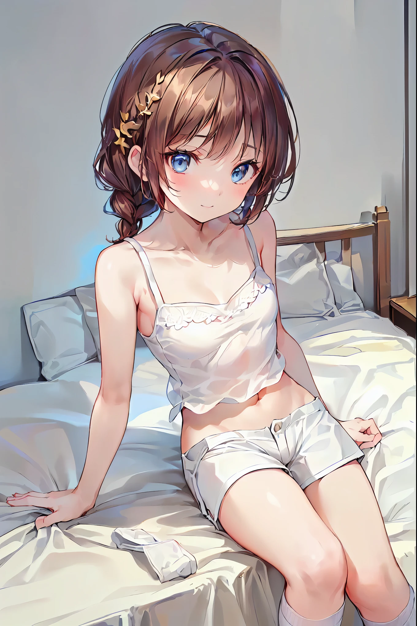     absurd,(masterpiece、  top quality、8k ),       Intricate Details   ,    Crimson Hair Extremely Detailed  、1 cute girl、((movie:1.4)),    Embarrassing    、(    flat chested、bulge:2.2( Brown Hair、(     white camisole ,    White Shorts   、    White Knee High Socks :1.3),    on the bed、  Surrender,   Perfect Anatomy，Brown Hair，    shortcuts ，    tousled hair，   short braided hair，Neat，   Slender and Beautiful，Correct posture，   small breasts，    beautiful legs，   Their Enchanting Grayish Blue Eyes Shone Like Stars  ，Droopy eyes，    bright color,       beautiful eyes   ,A delicate smile,textured skin,   top quality ,     A parody of a gentle and beautiful woman filmed from top to bottom with a sense of serenity ,    anime style   ､