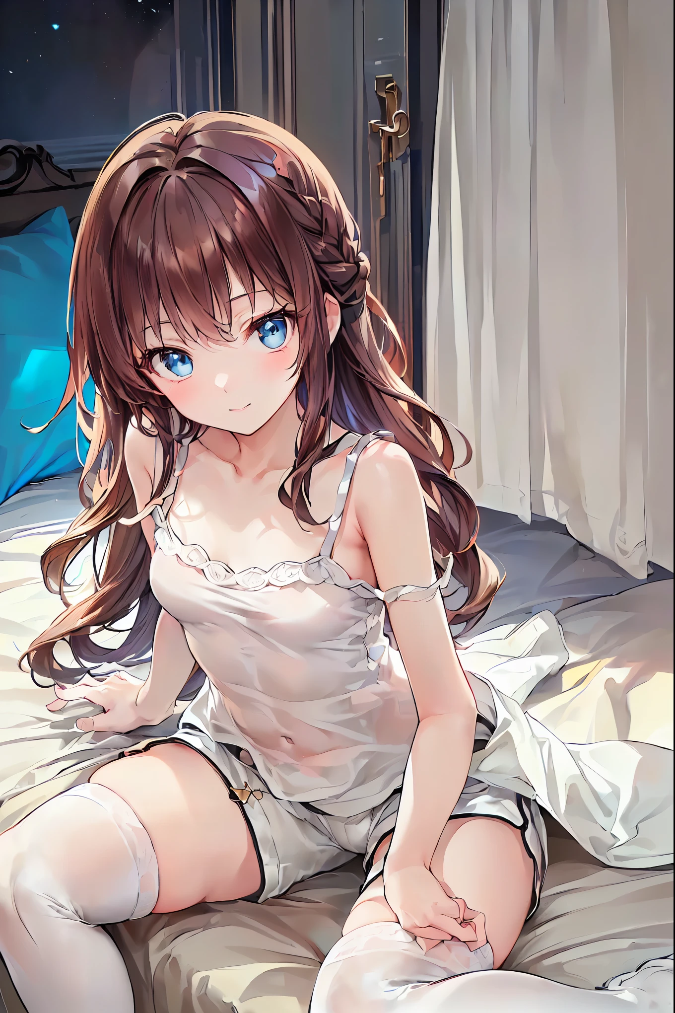     absurd,(masterpiece、  top quality、8k ),       Intricate Details   ,    Crimson Hair Extremely Detailed  、1 cute girl、((movie:1.4)),    Embarrassing    、(    flat chested、bulge:2.2( Brown Hair、(     white camisole ,    White Shorts   、    White Knee High Socks :1.3),    on the bed、  Surrender,   Perfect Anatomy，Brown Hair，    shortcuts ，    tousled hair，   short braided hair，Neat，   Slender and Beautiful，Correct posture，   small breasts，    beautiful legs，   Their Enchanting Grayish Blue Eyes Shone Like Stars  ，Droopy eyes，    bright color,       beautiful eyes   ,A delicate smile,textured skin,   top quality ,     A parody of a gentle and beautiful woman filmed from top to bottom with a sense of serenity ,    anime style   ､