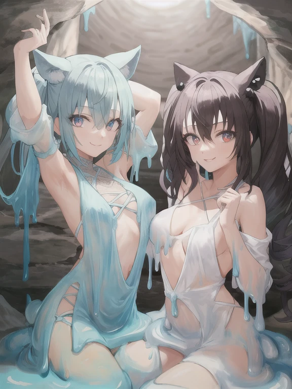 demonio de piel morena, cabello largo ondulado, grandes ojos color ambar, con algunos ojos demoniacos en sus brazos y piernas, with a flirtatious and happy expression, accompanied by her pet ghost, que sea un estilo de dibujo anime