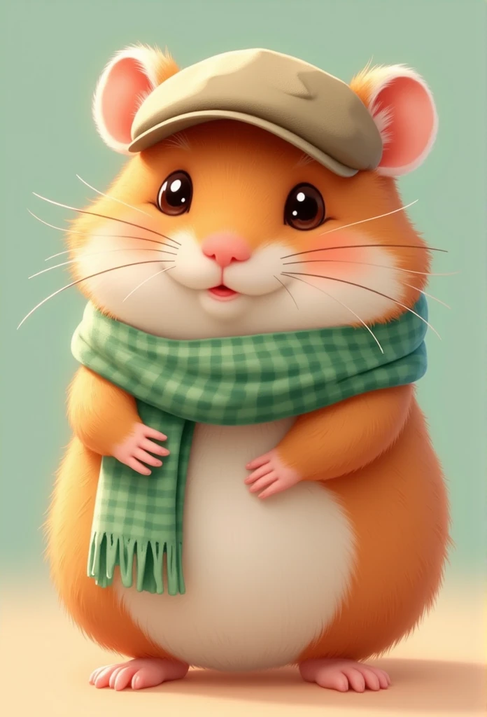 Illustration in the style of pattern2 , 1 adorable tiny hamster, fluffy hamster, baby hamster, green gingham scarf, stylish newsboy cap, photorealistic, anatomically accurate hamster, high detail, 8k, masterpiece, realistic lighting, soft focus, warm color palette