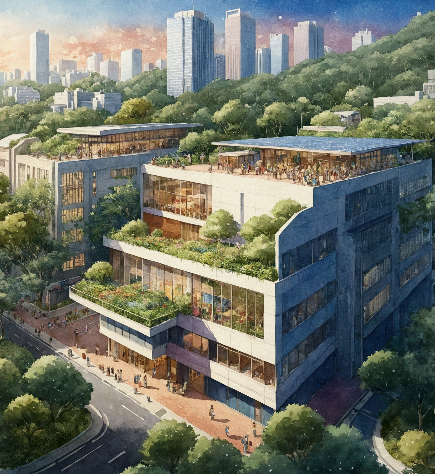 anime city with a lot of buildings and trees on the top, by Jang Seung-eop, by Ni Yuanlu, anime scenery concept art, realistic painting of a complex, by jeonseok lee, hq very detailed, detailed 4k concept art, artstation hq”, japanese high school, tokyo anime scene, concept art highly detailed, urban concept art, watercolor, illustration,