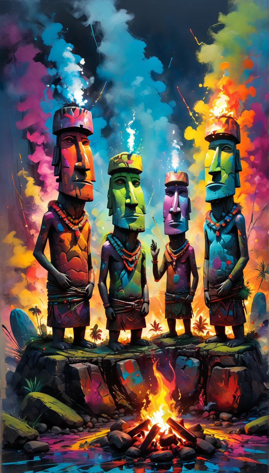 Ultra-detailed, stylized, acrylic painting of Easter Island statues with vibrant war paint cheerfully dancing around a campfire. The scene portrays a sense of unity and joy despite the lonely atmosphere. The statues are depicted with lively expressions and dynamic postures, their bright war paint contrasting beautifully against the natural stone texture. The firelight illuminates the scene, casting dramatic shadows and reflecting off the paint. The artwork is inspired by the styles of Craola and Ismail Inceoglu, incorporating their characteristic use of full color schemes and intricate details to create a vivid and compelling image.