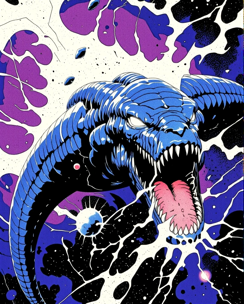 Art style by H. R. Giger, Art Style by Moebius, 


An epic scene of a colossal alien creature, the Ion Storm Leviathan, dominating the foreground in a vibrant anime style. Its serpentine body stretches across the vast expanse of space, adorned with intricate scales that pulse with an electric blue hue. The creature's powerful tail whips through the cosmic backdrop, leaving a trail of swirling, luminescent ion clouds that crackle with the intensity of an imminent storm. Its multiple eyes, each the size of a planet, glow with a fierce light, reflecting the chaotic dance of energy particles. The Leviathan's maw opens wide, revealing a cavernous maw filled with sharp, crystalline teeth capable of shattering asteroids. As it glides through the vacuum, the space around it distorts with the electrical currents it commands, creating a mesmerizing aurora of plasma. The background is a tumultuous canvas of swirling purple and blue nebulae, punctuated by the stark white flashes of lightning that arc from the creature's body to the distant stars. The image captures a moment of sheer power and beauty as the Leviathan's coils weave through the cosmos, leaving a wake of obliterated space debris and stunning cosmic phenomena in its path. The overall composition is dynamic, with dramatic shadows and highlights that accentuate its monstrous form and the ferocious power of the ion storm it embodies.