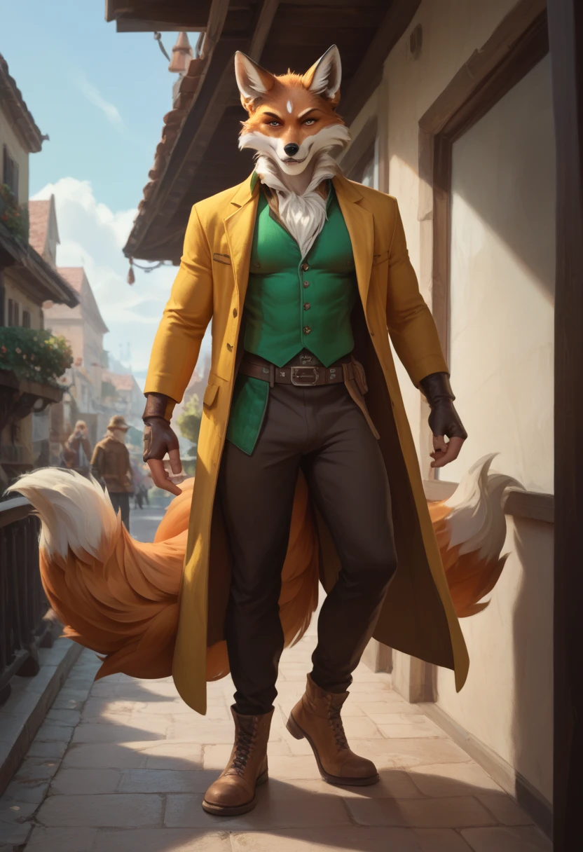 Masterpiece, perfect face, expressive eyes, High Quality, Male,1boy, Male focus, Adult, Rogue, Kitsune, clean fur, sleek fur, One Tail, Golden Yellow irises, ragged Traveller's Clothes, Digitigrade legs, Lean Figure, Fox boy,