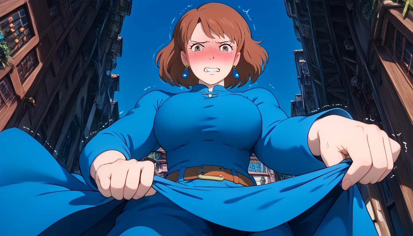 (both hands pull the dress down:1.6) Ghibli_style source_anime anime_coloring (Nausicaa,1girl,brown hair,　medium hair,　brown eyes, breasts, Nausicaa,1girl,brown hair,　medium hair,　brown eyes, breasts, earrings, (blue dress:1.5),　chest bullet holder　,long_　sleeves, belt, , Big Breasts)　 4K Masterpiece Top Quality High Definition:  super resolution super detailed, (standing:1.5)(legs apart:1.2) (cowboy shot:1.5 )throw　(straight-on:1.5) (blue panties:1.0)　(looking at viewer:1.5)(worm view:1.5)　(narrowed eyes:1.0) (withdrawn face:1.2) (clenched teeth:1.3) (wavy mouth:1.0) (disgust:1.0) (troubled eyebrows:1.2) (1girl) ,nose blush (embarrassed,blush:1.5) (steam:1.0) (trembling:1.3) (drooling:1.0) (sweat:1.4) (feeling weak:1.3