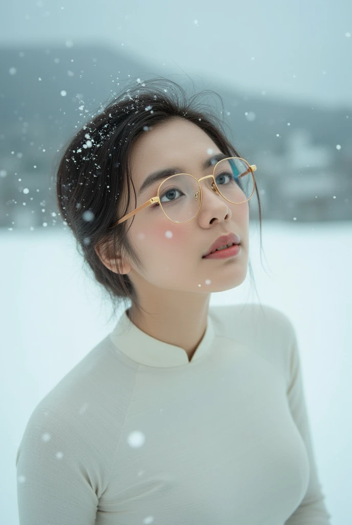 dynamic Angle, a vietnam woman, Blurred background, White world, Fantasy, Bokeh, Chromatic aberration, Knee high, Looking up, Bokeh, Photo_Curly, ao dai, Real, Solo, Horizon, Model like, Imperfect detail, Shot with Leica, analog, 35mm: artistic light leak, lens flare:4 --style raw --ar 2:3 --s 150 --c 4 , snowing , golden glassese