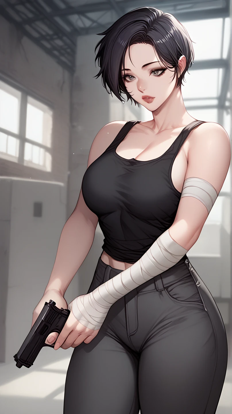 A female zombie killer, holding MP5, wearing a black tank top and black cargo pants, inside the abandoned building, black short hair, beautiful. Bandage on arm. Raises pistol