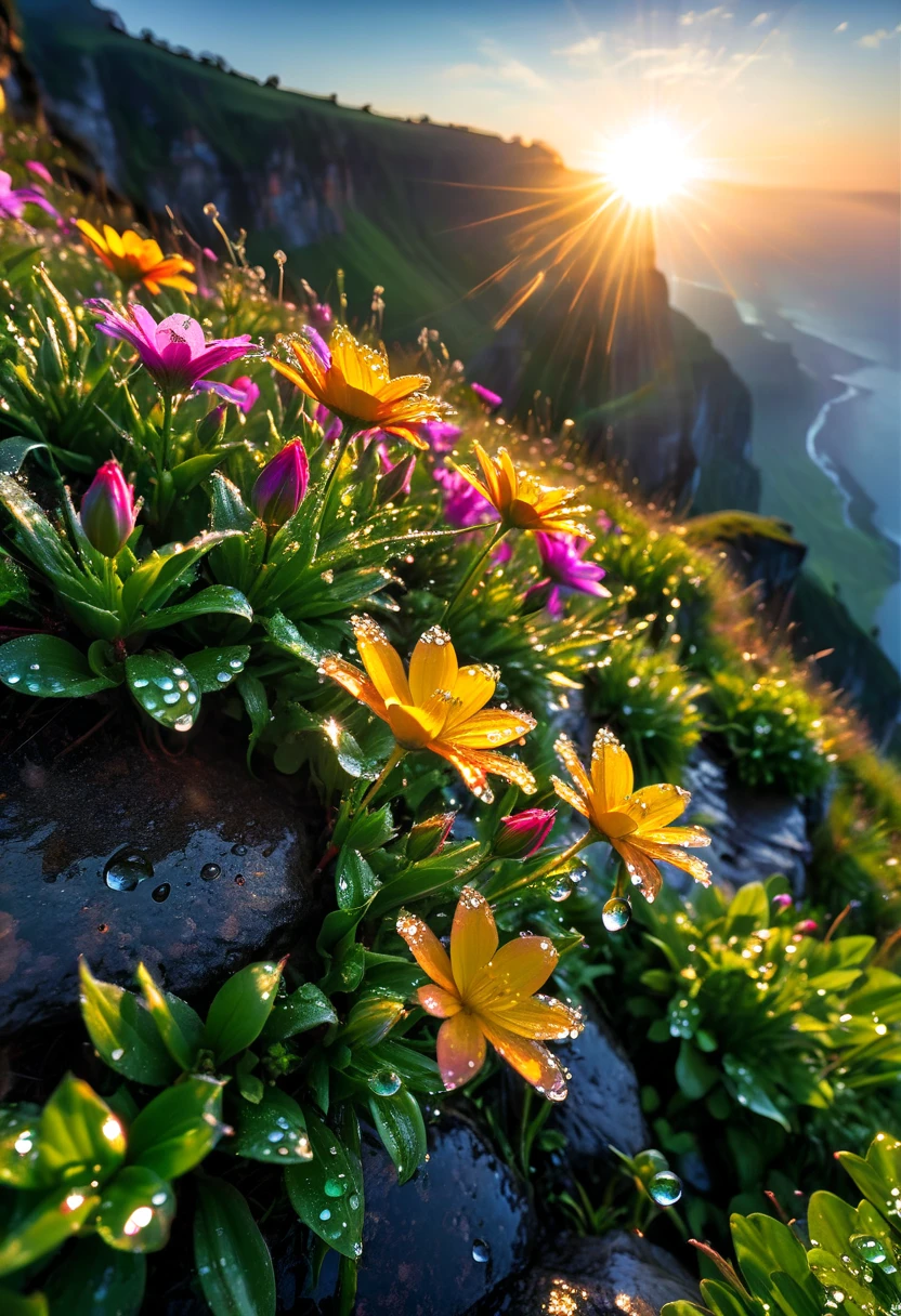 The first rays of sunlight in the morning，cliff，slopes，Dew drops on beautiful flowers，(sunrise)，Beautiful picture，HD Wallpapers