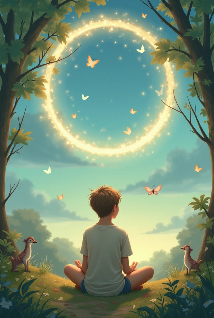 A  boy sitting on ground with relax .....environment is rest in peace ...Special living creatures on ground ....and they ara friendly to boy......boy has special magic skills and he creates special magic rings on sky...[high quality image] [1:1]