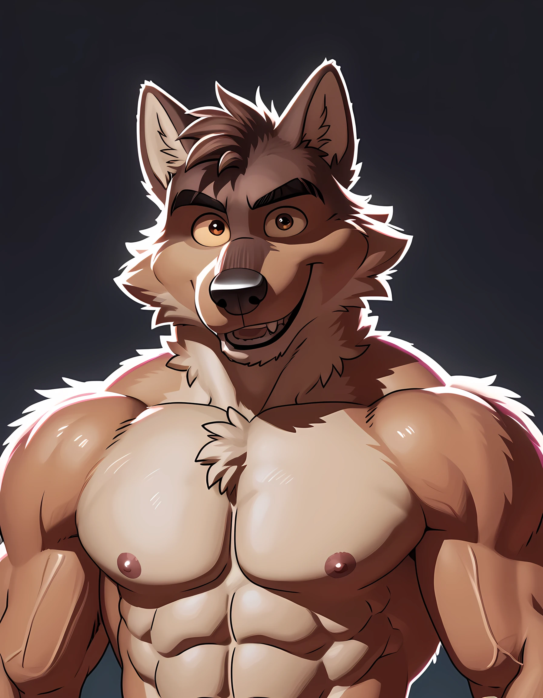 Mr Wolf, bg, 4k, high resolution, best quality, detailed, posted on e621, solo, anthro body, masculine, male, (very muscular, defined muscles):1, simple background, correct anatomy, (detailed eyes:1.1), sexy, (cel shaded, cartoony shading, strong shadows, dramatic lighting):1.3, confident, (by wfa, by takemoto arashi, by meesh, by Taran Fiddler), strong, (half body, upper body), bare chest,