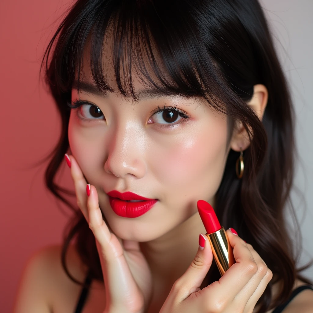 - A woman with bright black hair is facing forward - wearing black clothing、The background is also red - Liquid is splashing into the mouth - The figure is posed with her fingertips close to her lips - Her expression is calm、The large eyes are impressive and the lines are clear.、Simple color