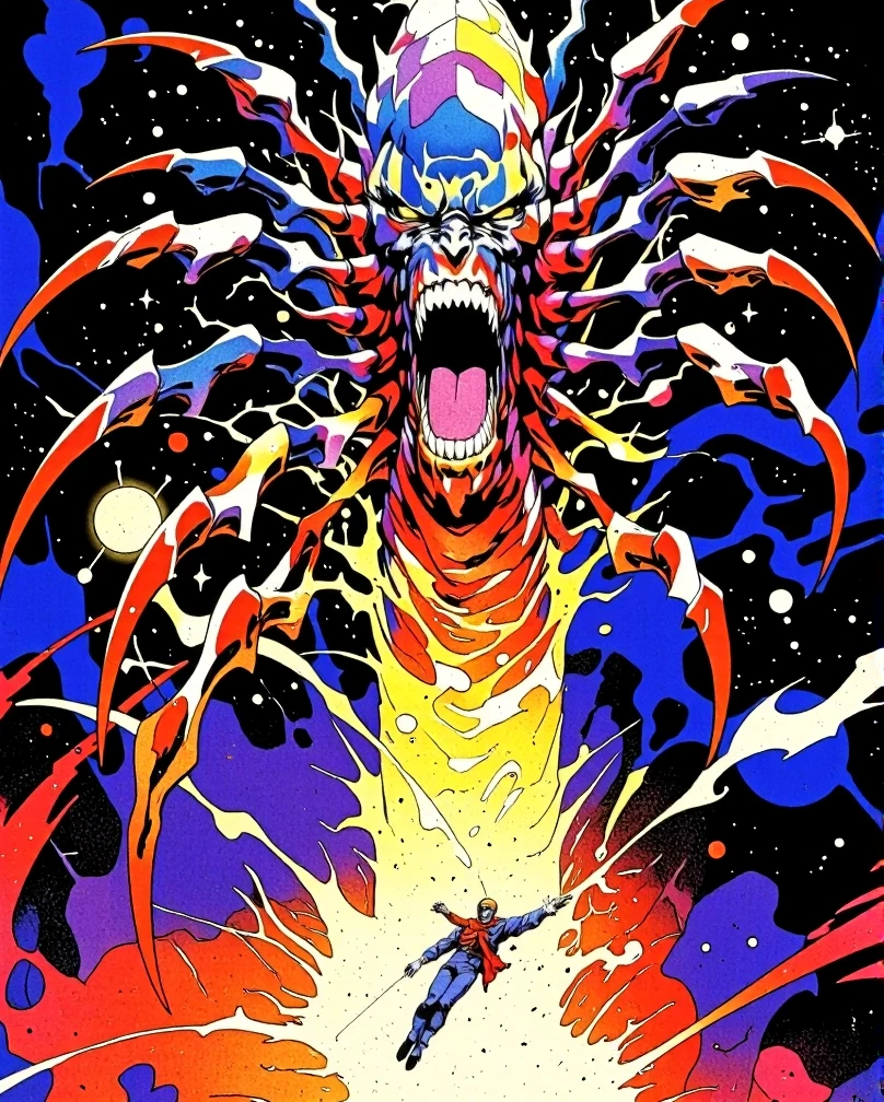 Art style by H. R. Giger, Art Style by Moebius, 


A Warp Rift Abomination, a terrifyingly fascinating creature of anime origin, emerging from a vibrant and chaotic tear in the fabric of space-time. The Abomination's elongated, serpentine body is a kaleidoscope of colors, shifting and pulsing as if it were made of pure, unstable energy. Its form is a bizarre amalgamation of organic and mechanical elements, with multiple sets of limbs stretching in all directions, each tipped with razor-sharp claws that seem to defy the very laws of physics. The creature's central mass is a twisted maelstrom of limbs and tentacles, surrounding a gaping maw filled with teeth that curve in impossible angles. Its eyes are like swirling black holes, drawing the viewer into a vortex of fear and curiosity. As it emerges, the Abomination's elongated torso twists and bends in a display of unsettling flexibility, reaching out with one of its limbs to snatch a hapless space traveler who had ventured too near the rift. The space around the creature is distorted, with stars and galaxies stretching and bending in the background, emphasizing the tremendous power and otherworldliness of the being. The scene is a blend of beauty and horror, with neon lights and cosmic particles dancing around the monstrosity, creating a visual spectacle that is as mesmerizing as it is horrifying.