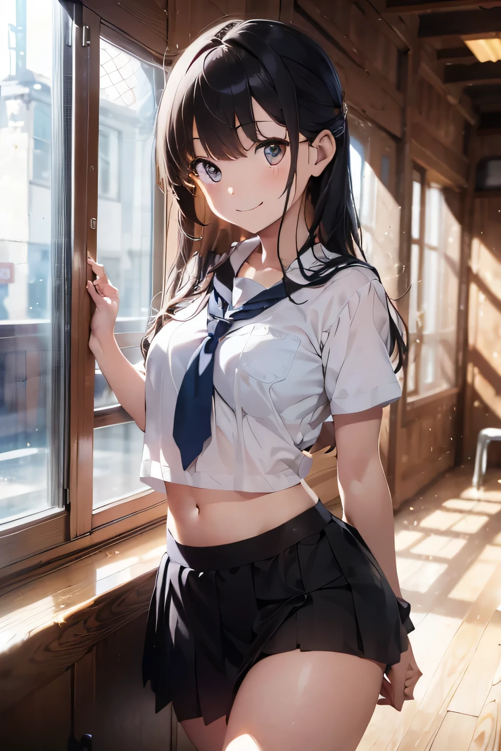 ((best quality)), ((masterpiece)), ((detailed)), (((perfect face))), (((slender 18yo teenage girl))), ((((medium breasts)))), ((((topless)))), ((((dark blue pleated skirt)))), ((dark brown hair)), ((short ponytail)), (((blue eyes))), ((shy:1.3)), ((blushing:1.5)), (((bare chest))), ((bare stomach)), ((bare shoulders)), (((bare arms))), (((walking))), ((((fancy café, windows)))), (((walking))), (((shy arms))), (((looking at viewer))), (((open front door))), ((((detailed background))))