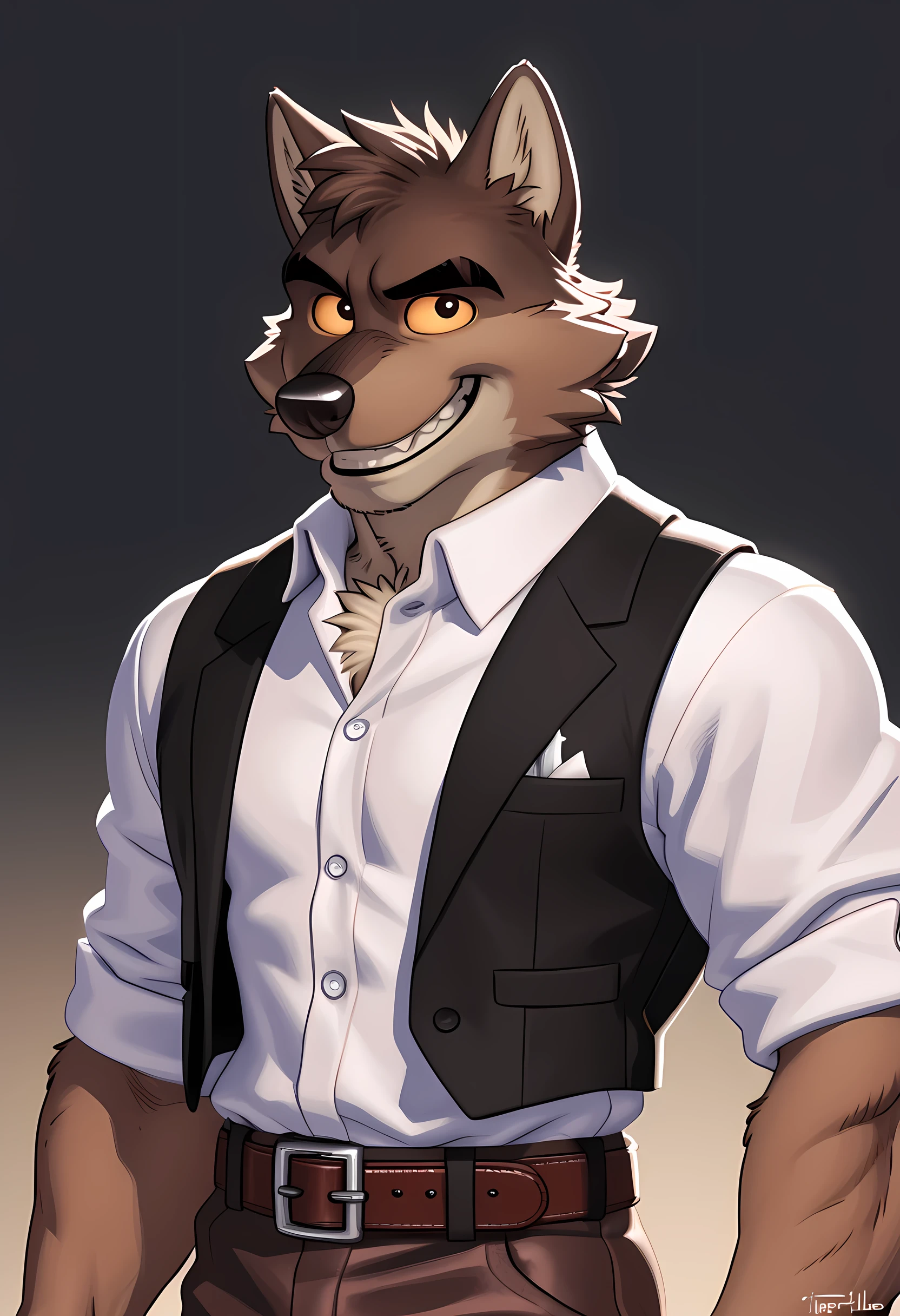 mr wolf, 4k, high resolution, best quality, detailed, posted on e621, solo, anthro body, masculine, male, (very muscular, defined muscles):1, (plain background, explosive background:1.1), correct anatomy, (detailed eyes:1.1), sexy, (cel shaded, cartoony shading, strong shadows, dramatic lighting):1.3, confident, (by wfa, by takemoto arashi, by meesh, by Taran Fiddler), strong, (half body, upper body), bare chest, black gloves, white shirt, black vest, belt, pants