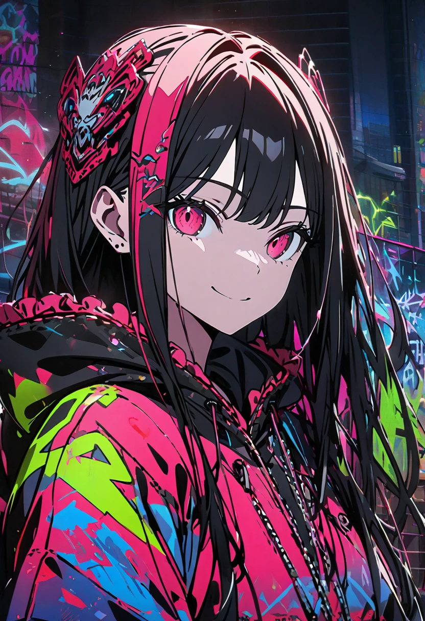 masterpiece,  top quality, 8k, detailed background, masterpiece,  top quality, smile,  ornament,  hoodie, Portraiture, Neon Red, graffiti, dark, night, Shining Eyes,  black light ,Shiranuhi frill 