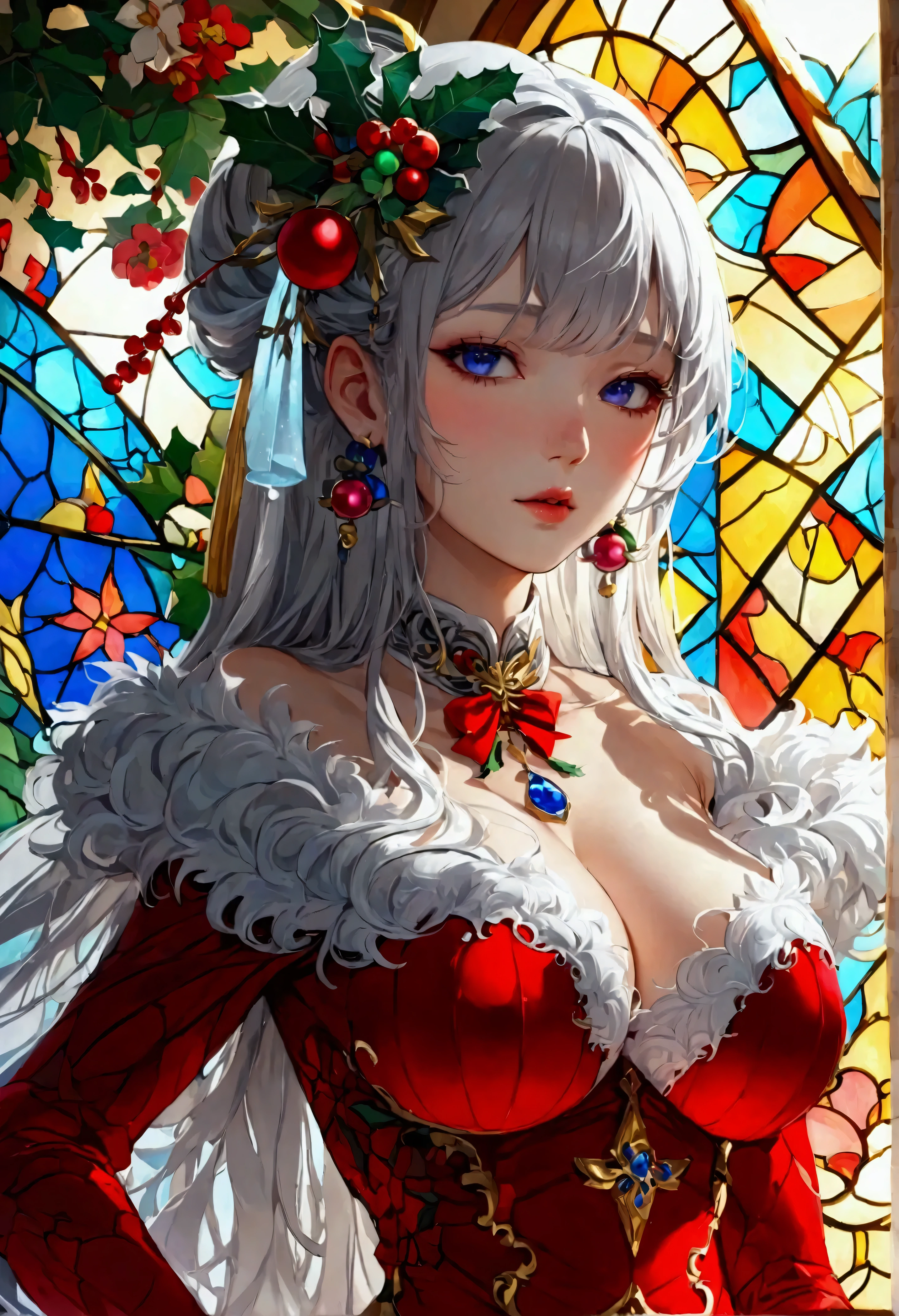 Highest quality, Super quality, 16K, Incredibly absurd, Very detailed, 2.5D, delicate and dynamic, palace, Stained glass, chandelier, Complex Light, , , , Small face, Extremely delicate facial expression, Delicate eye depiction, Extremely detailed hair, Upper body close-up, erotic, sole sexy Japanese lady, healthy slim body, 22 years old lady, emperor,  ((large breasts:1.2), (huge breasts:1.2), (Uplifted and well-defined bust:1.2), (lifted chest:1.2), (perky breasts :1.2),(deep cleavage:1.4),, white silver long hair, sexy long legs, Glowing Skin, Soft Skin, wearing a christmas costume, A complex costume, Costumes in complex colors, Are standing, 