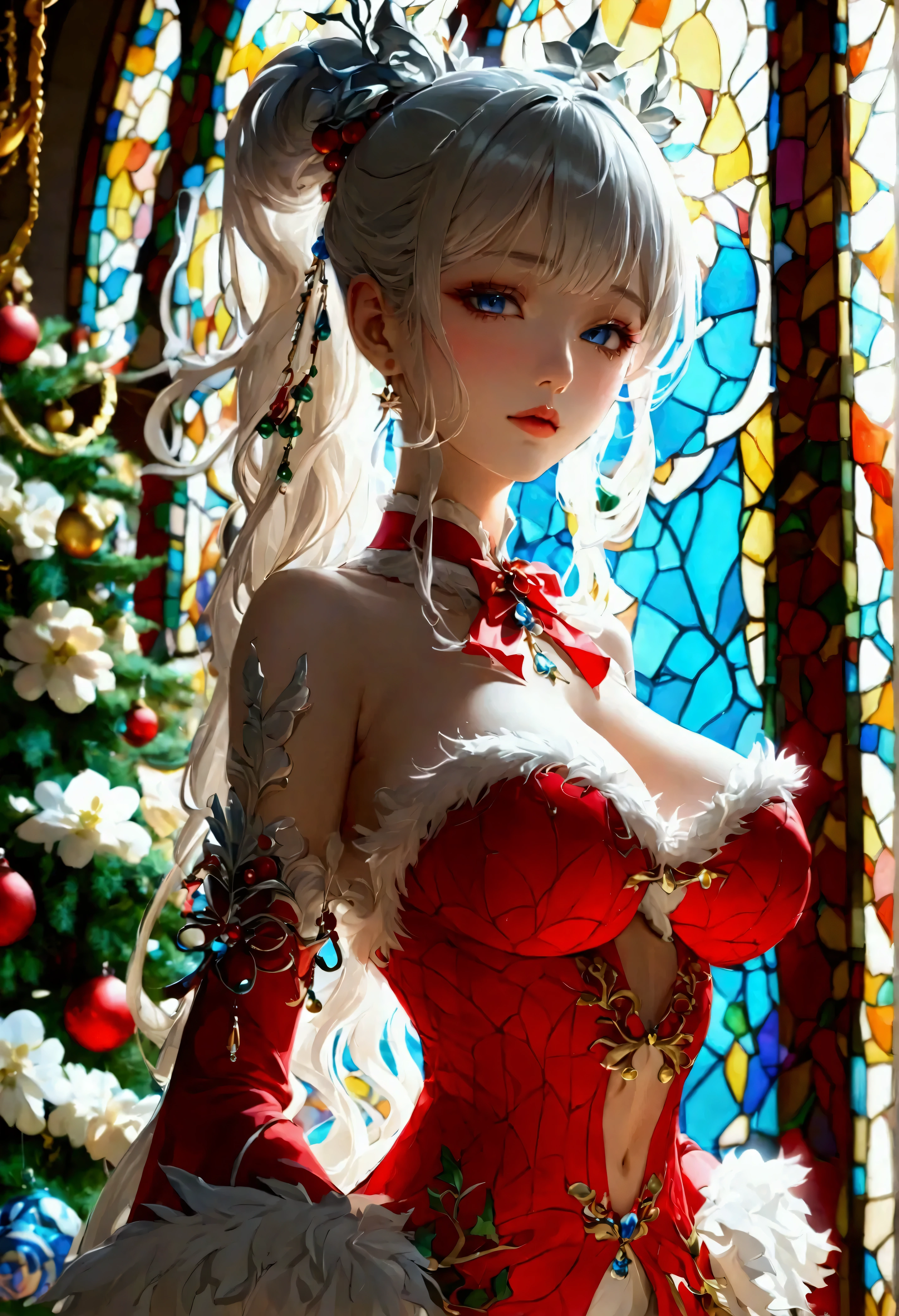 Highest quality, Super quality, 16K, Incredibly absurd, Very detailed, 2.5D, delicate and dynamic, palace, Stained glass, chandelier, Complex Light, , , , Small face, Extremely delicate facial expression, Delicate eye depiction, Extremely detailed hair, Upper body close-up, erotic, sole sexy Japanese lady, healthy slim body, 22 years old lady, emperor,  ((large breasts:1.2), (huge breasts:1.2), (Uplifted and well-defined bust:1.2), (lifted chest:1.2), (perky breasts :1.2),(deep cleavage:1.4),, white silver long hair, sexy long legs, Glowing Skin, Soft Skin, wearing a christmas costume, A complex costume, Costumes in complex colors, Are standing, 