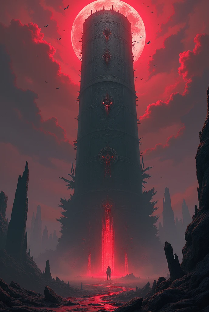 (Dark Fantasy),((A cylindrical scourge towering over the demon world 々Shii Tower ))、( monsters with wings are flying around the tower)、