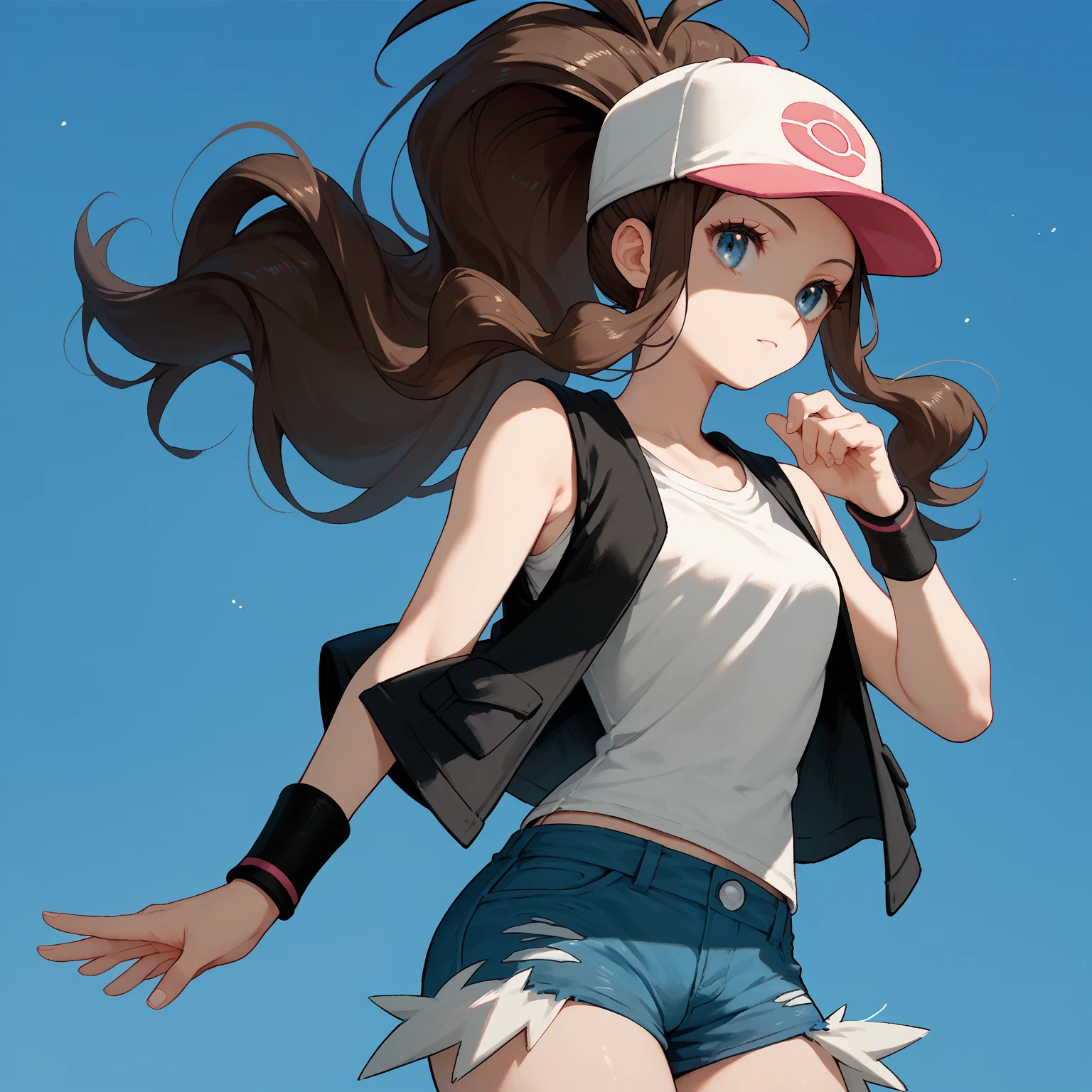 pokemon hilda, blue eyes, brown hair, long hair, ponytail, baseball cap, blue shorts, denim, hat, shorts, vest, wristband, sleeveless, black vest, white shirt,