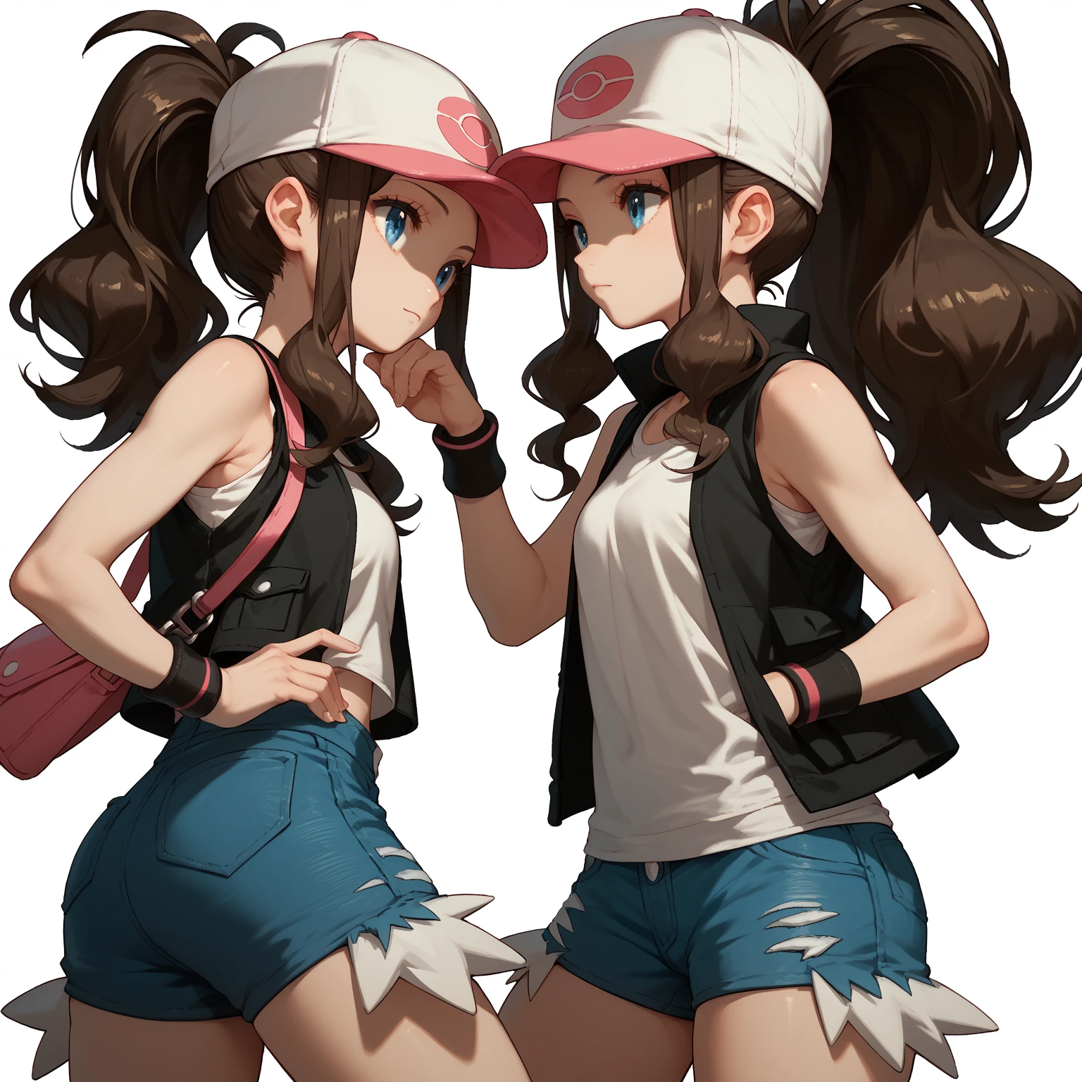 pokemon hilda, blue eyes, brown hair, long hair, ponytail, baseball cap, blue shorts, denim, hat, shorts, vest, wristband, sleeveless, black vest, white shirt,