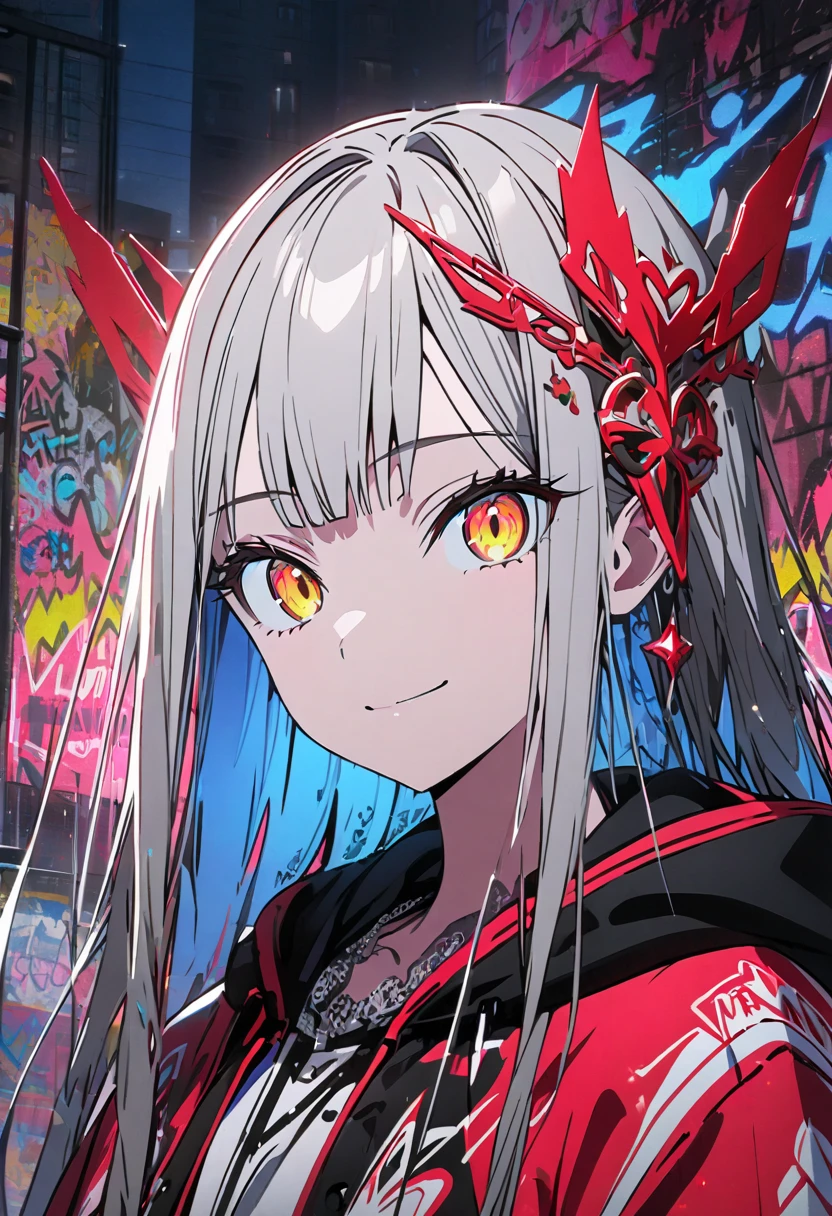 masterpiece,  top quality, 8k, detailed background, masterpiece,  top quality, smile,  ornament,  hoodie, Portraiture, Neon Red, graffiti, dark, night, Shining Eyes,  black light ,Shiranuhi frill 