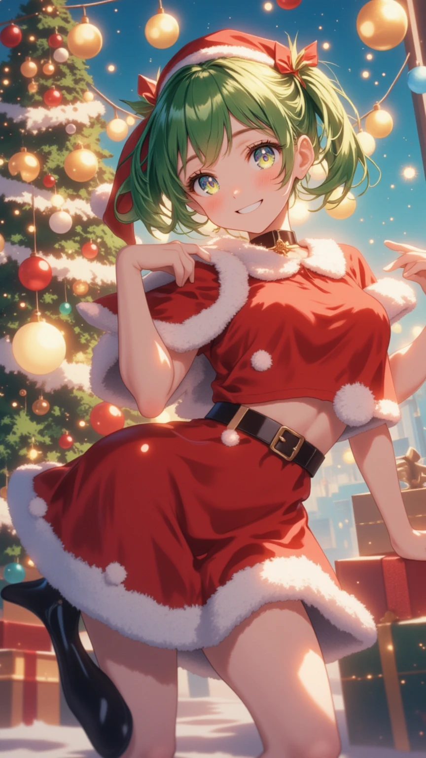 （masterpiece、 High Quality 、 high image quality、4K，8k、 Details）、 cute girl（ green hair、 ponytail、shiny eyes、 white skin、smile）、cute Santa Claus style one peace with red ribbon on the chest、black knee-high boots 、 one knee bent and raised 、 cute pose 、Christmas tree in the back、 Sparkling 、Cute anime style, ( anatomically correct body ）upper sholder 