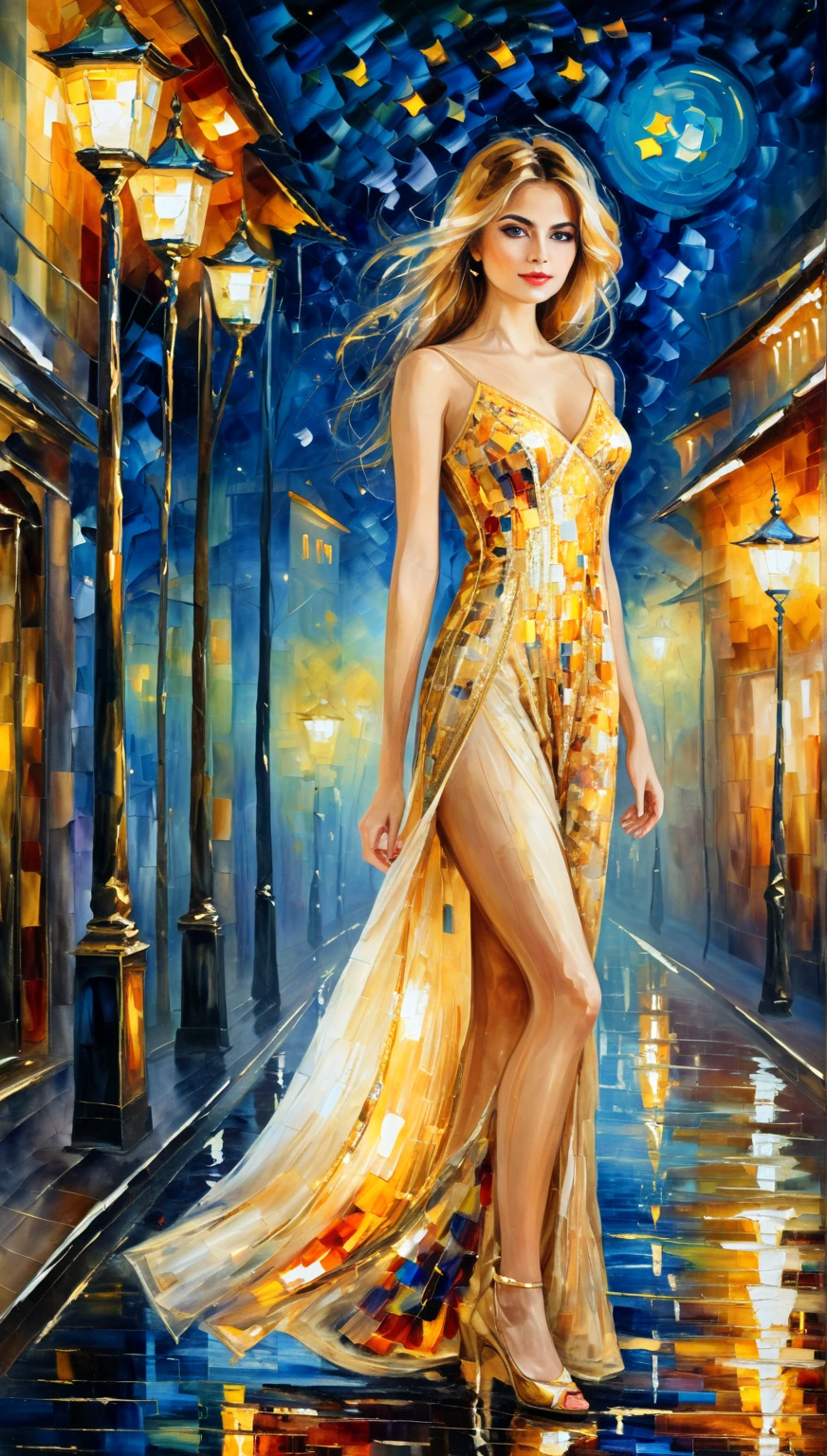 The eastern night lights up the lights, golden threads, a light chic girl in full height, in the style of Leonid Afremov, Markovtseva