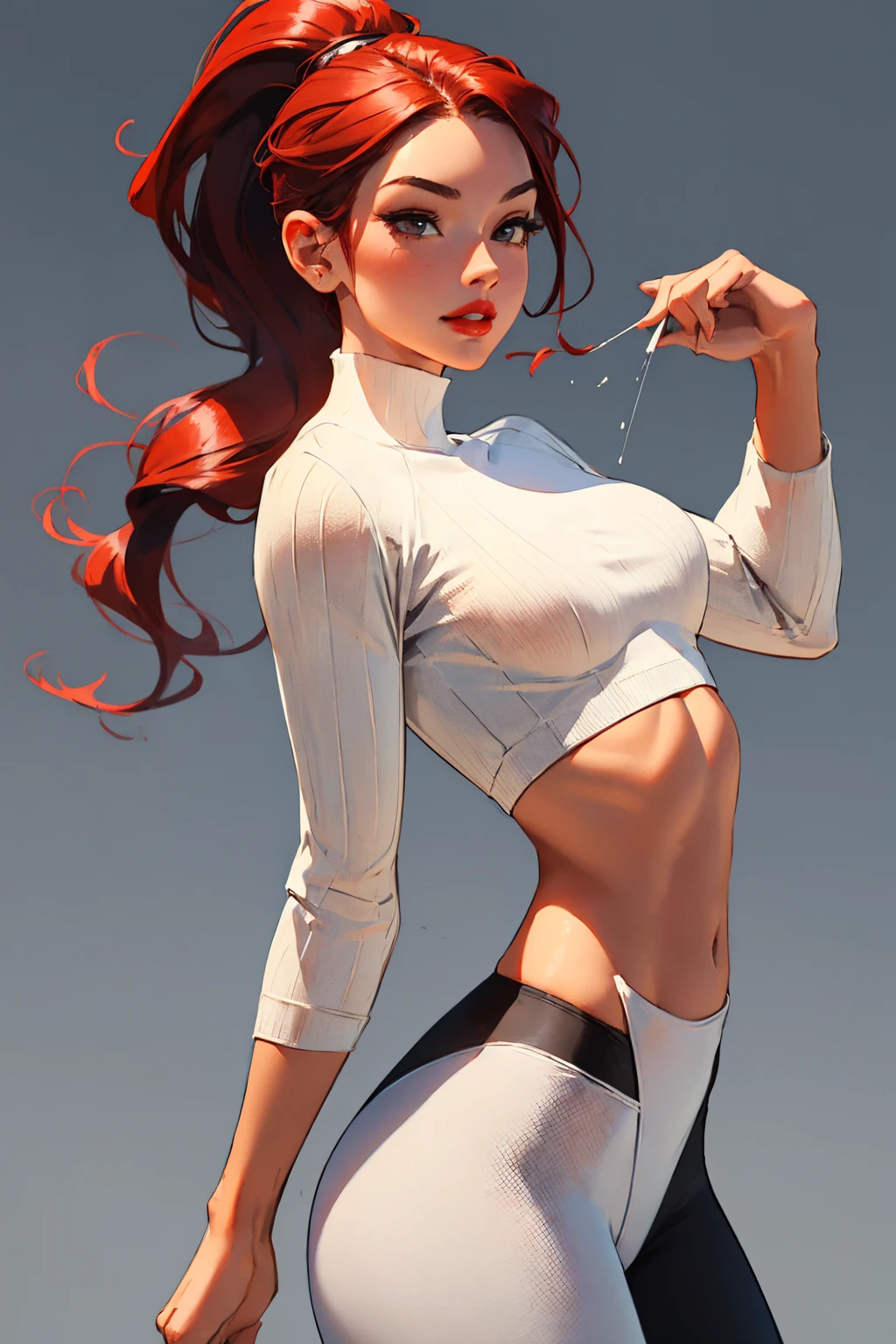 1girl,a beautiful fashion model ,(masterpiece, detailed background, best quality),shiny hair, red hair,smirk,juicy lips,red lips, athletic body, art style of j scott campbell, , stripping, elegant makeup, exhibitionism, tight white sweater and black leggings, ponytail, ((athletic body))