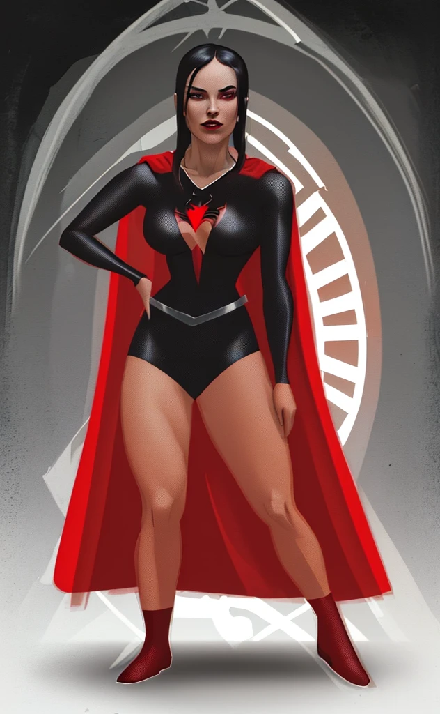 a cartoon of a woman in a red cape and black jumpsuit,  full body with fantasy ,  red and black costume !!!, woman full body, with cover,, spider woman!!, new costume concept, , superhero fantasy, corpo fitness,  white background, comic book, Digital Art