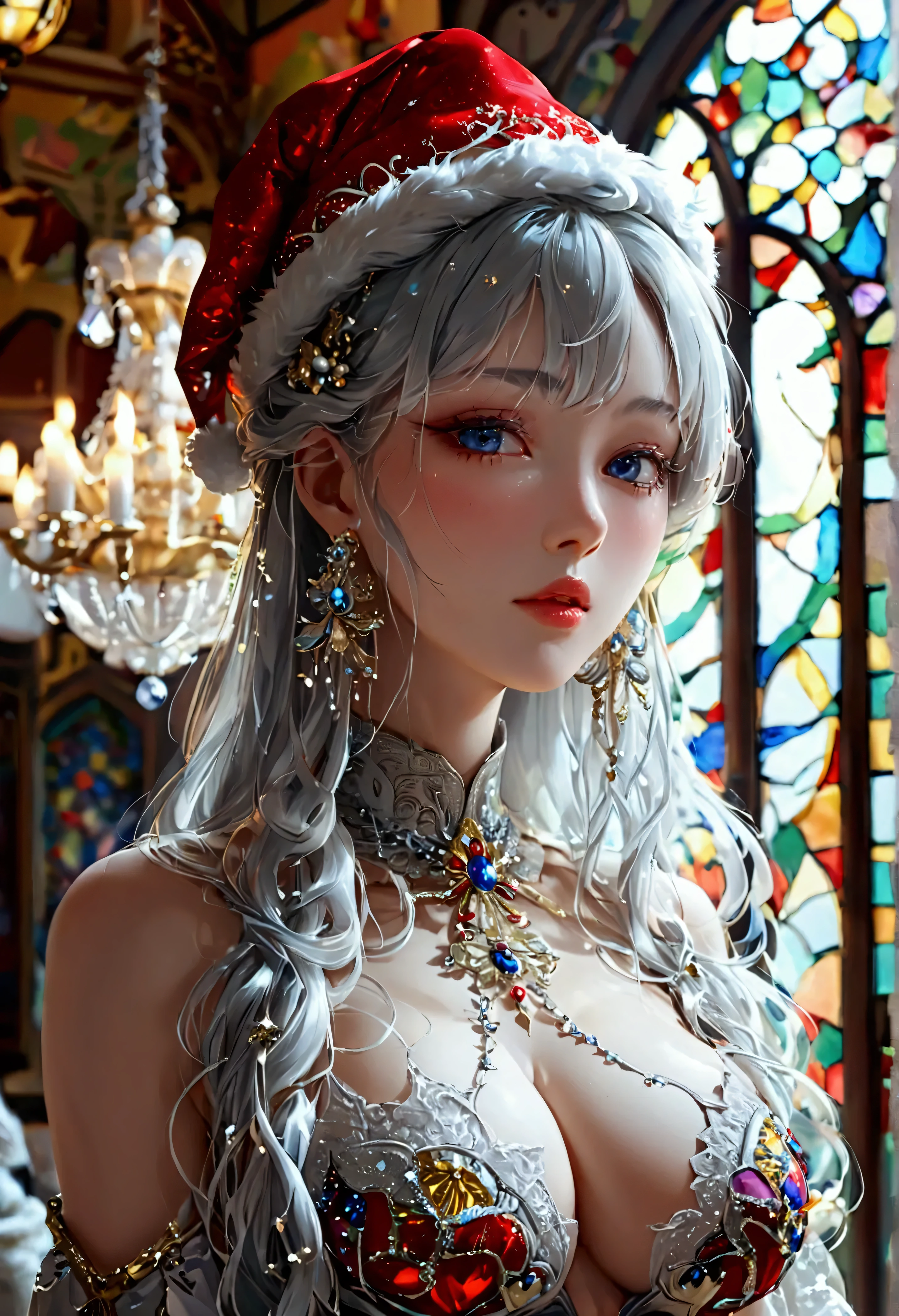 Highest quality, Super quality, 16K, Incredibly absurd, Very detailed, 2.5D, delicate and dynamic, palace, Stained glass, chandelier, Complex Light, , , , Small face, Extremely delicate facial expression, Delicate eye depiction, Extremely detailed hair, Upper body close-up, erotic, sole sexy Japanese lady, healthy slim body, 22 years old lady, emperor,  ((large breasts:1.2), (huge breasts:1.2), (Uplifted and well-defined bust:1.2), (lifted chest:1.2), (perky breasts :1.2),(deep cleavage:1.4),, white silver long hair, sexy long legs, Glowing Skin, Soft Skin, wearing a christmas costume, A complex costume, Costumes in complex colors, Are standing, 