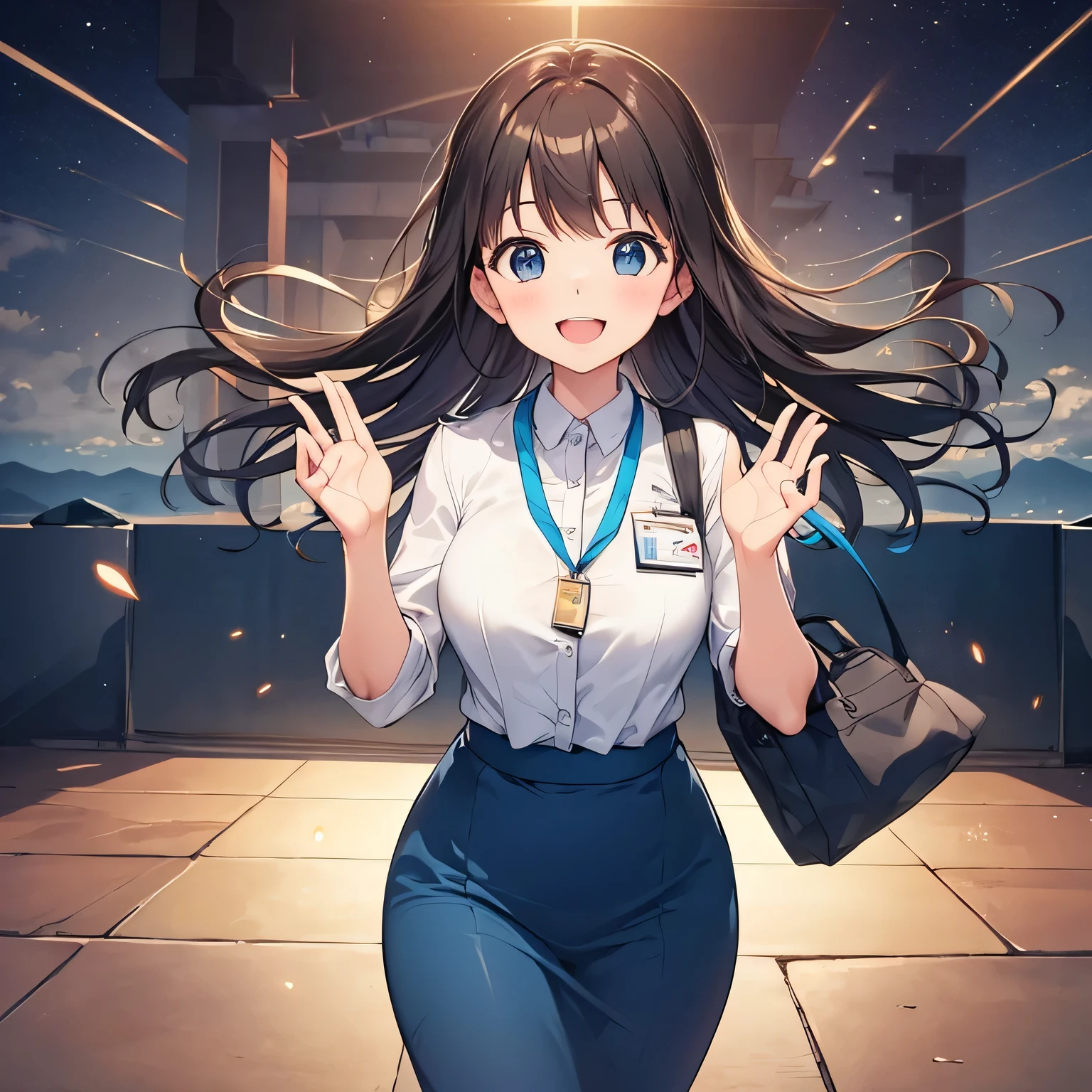 top quality, best picture quality, 1080p, 8K, masterpiece, first class, (perfectly formed face), front view, full length, (hands together in prayer pose), blue sky and white clouds behind, ,girl in dark blue suit smiling and celebrating, Kyoto Animation style, 20's woman, brown hair, dark blue suit, girl in dark blue skirt, (red neck) Clear horizontal plastic employee ID card with string, small breasts, successful, business casual, shining eyes, star shaped eyes, wide open mouth, big smile