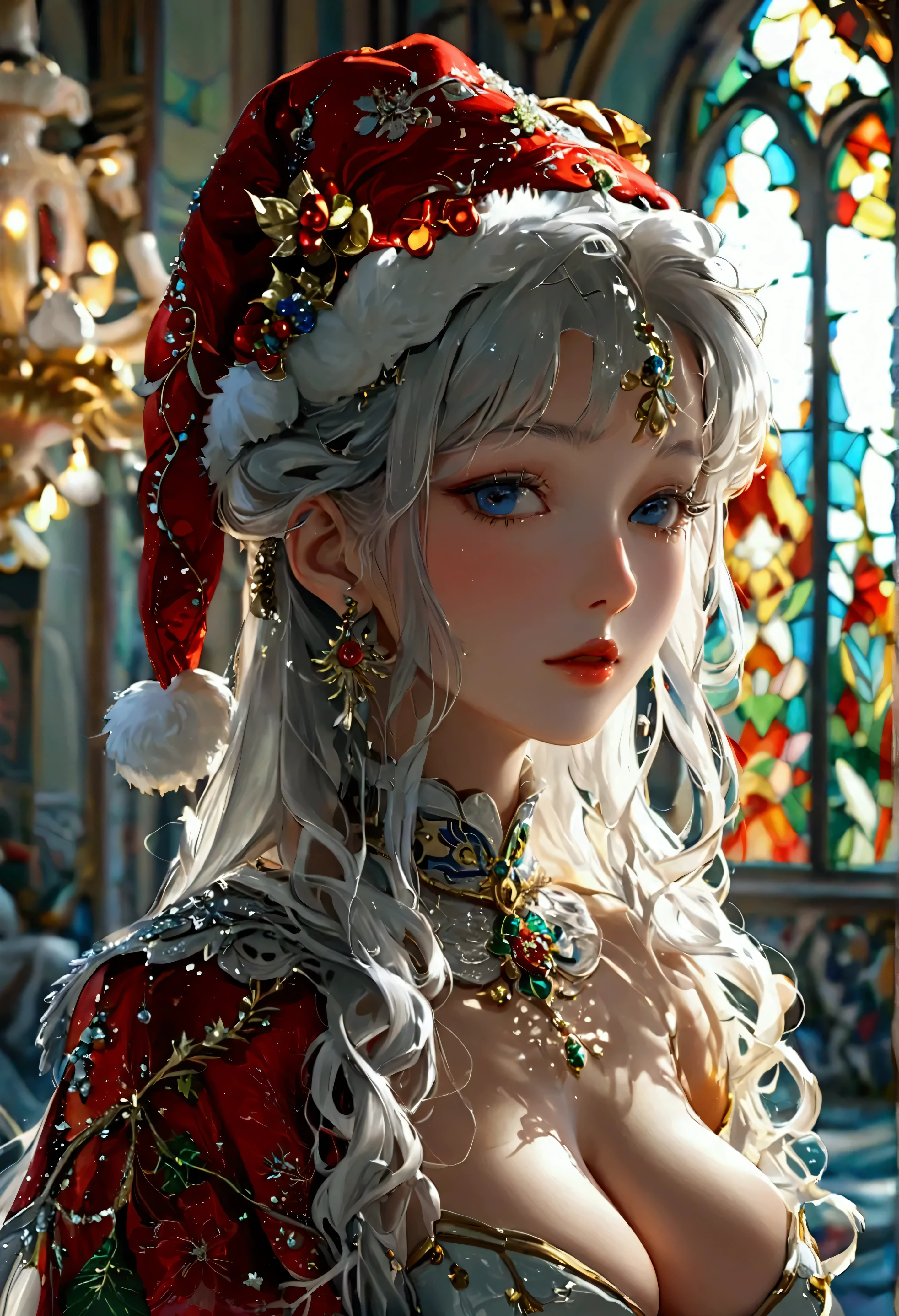 Highest quality, Super quality, 16K, Incredibly absurd, Very detailed, 2.5D, delicate and dynamic, palace, Stained glass, chandelier, Complex Light, , , , Small face, Extremely delicate facial expression, Delicate eye depiction, Extremely detailed hair, Upper body close-up, erotic, sole sexy Japanese lady, healthy slim body, 22 years old lady, emperor,  ((large breasts:1.2), (huge breasts:1.2), (Uplifted and well-defined bust:1.2), (lifted chest:1.2), (perky breasts :1.2),(deep cleavage:1.4),, white silver long hair, sexy long legs, Glowing Skin, Soft Skin, wearing a christmas costume, A complex costume, Costumes in complex colors, Are standing, 