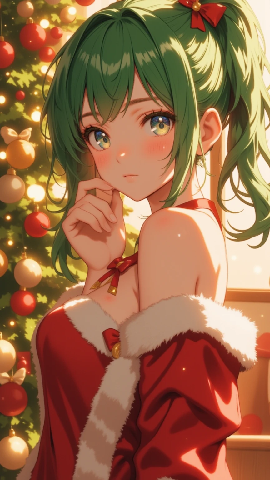 （masterpiece、 High Quality 、 high image quality、4K，8k、 Details）、 cute girl（ green hair、 ponytail、shiny eyes、 white skin、smile）、cute Santa Claus style one peace with red ribbon on the chest ,cute pose 、Christmas tree in the back、 Sparkling 、Cute anime style, ( anatomically correct body ）upper shoulder 