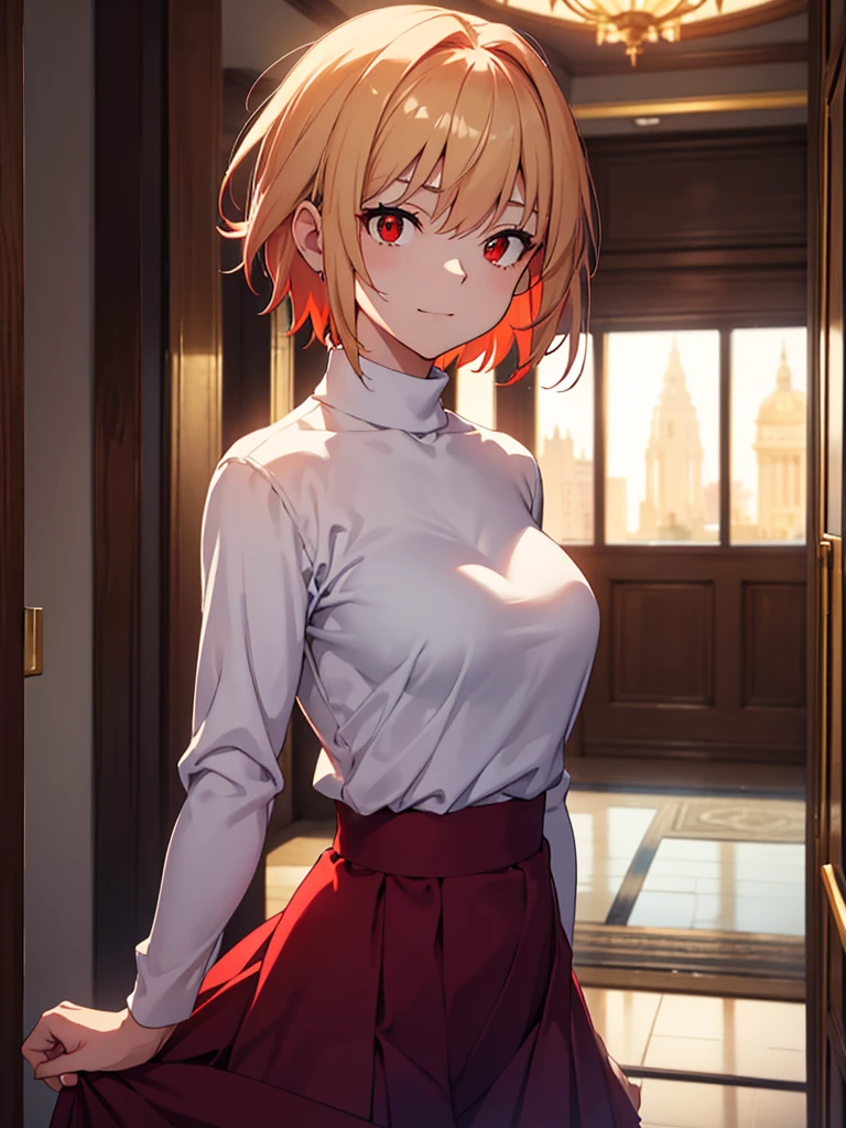 (​masterpiece, top-quality, hight resolution, Unity 8k, extremely details CG:1, Best Picture), arcueid brunestud, blonde hair, (red eyes:1.5), short hair, ahoge, long skirt, (purple skirt:1.1), skirt, sweater, turtleneck, white sweater, large breasts, A young woman with a slightly awkward and conflicted expression, as if caught in a truly unexpected and embarrassing situation. She has a nervous smile, slightly raised eyebrows, and her gaze averts to the side in hesitation. Her outfit is subtly stylish and modern, suitable for a high-class escort or nightlife worker, featuring modest yet suggestive elements like a short skirt, a blouse with gentle cleavage, and light accessories. Her body language shows unease—her hand fidgets nervously or touches her shoulder. The setting is indoors, dimly lit with warm tones, resembling a quiet hotel room or entrance hallway. The focus is on her complex emotional expression—caught between surprise, mild embarrassment, and forced professionalism.  