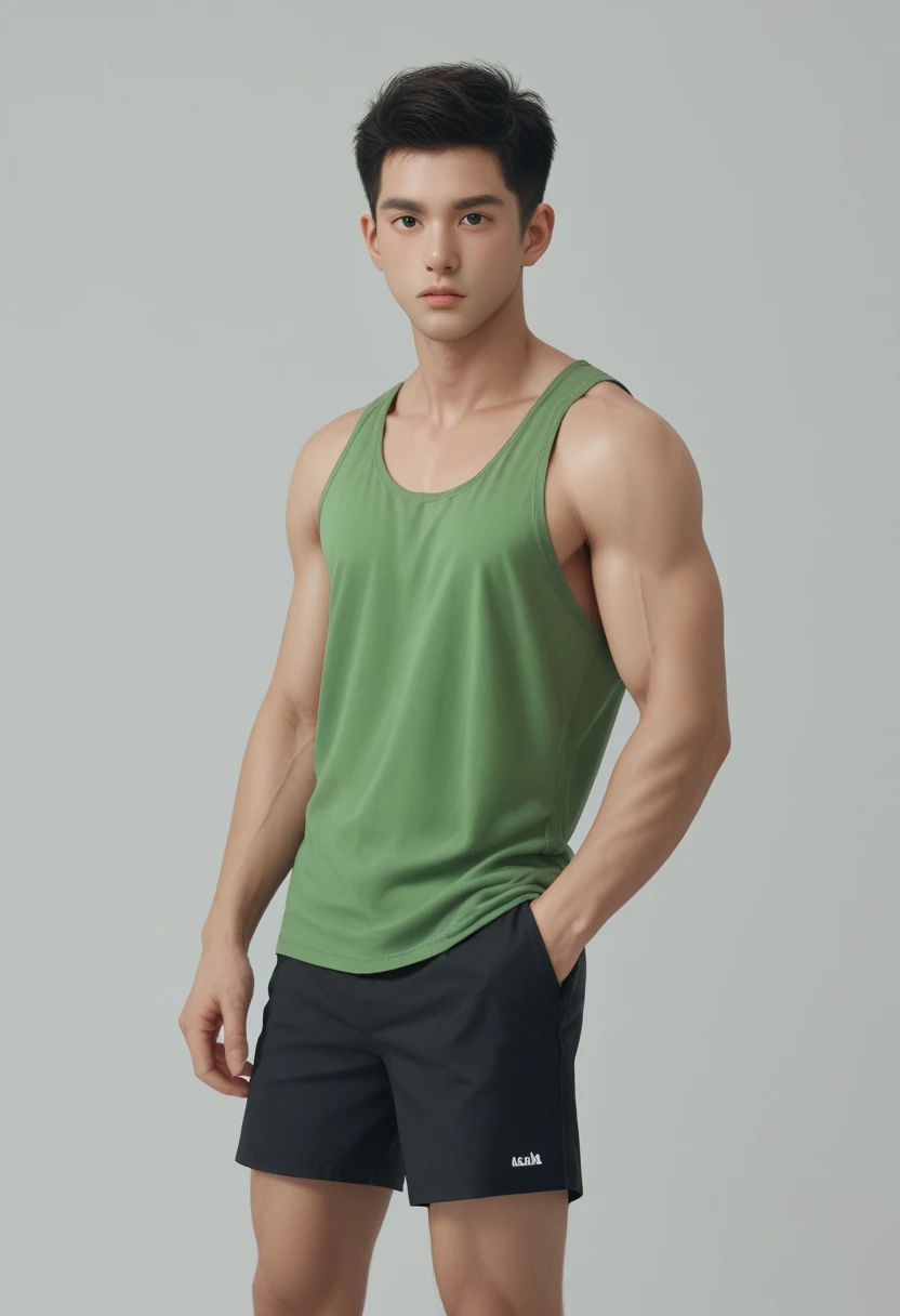 score_9, score_8_up, score_7_up, 1boy, solo, male focus, Matt_McGinnis, Black Hair, Black Eyes, Green Shirt, green  tank top, black shorts