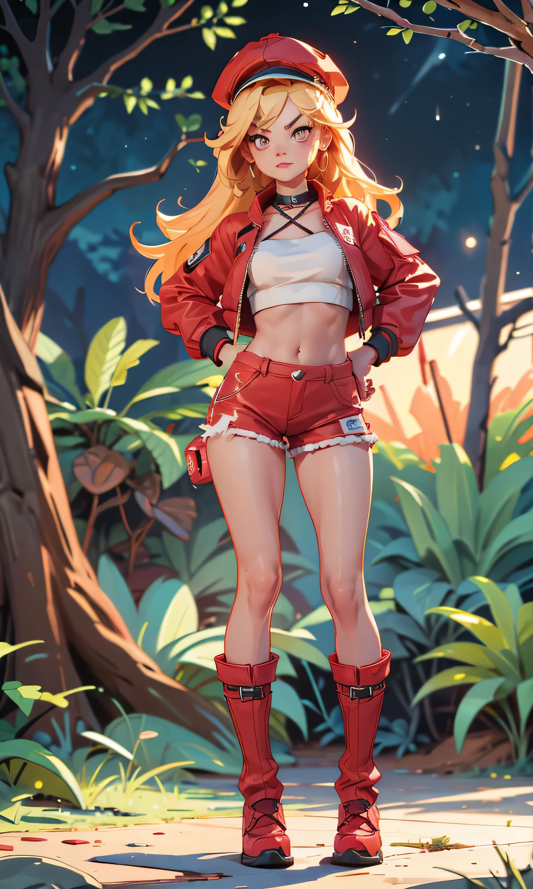 Masterpiece, 1 girl, beautiful, slim, head on, looking at the spectator , long hair, blond hair , brown eyes, arched eyebrows , Full body , pretty legs, abdomen plano, Kpop outfit , wool cap, Red micro top , Top short red, hombros descubiertos, neckline, Ripped top , red shorts, red winter boots, (((desnuda))), in the woods, dark sky, dry trees ,