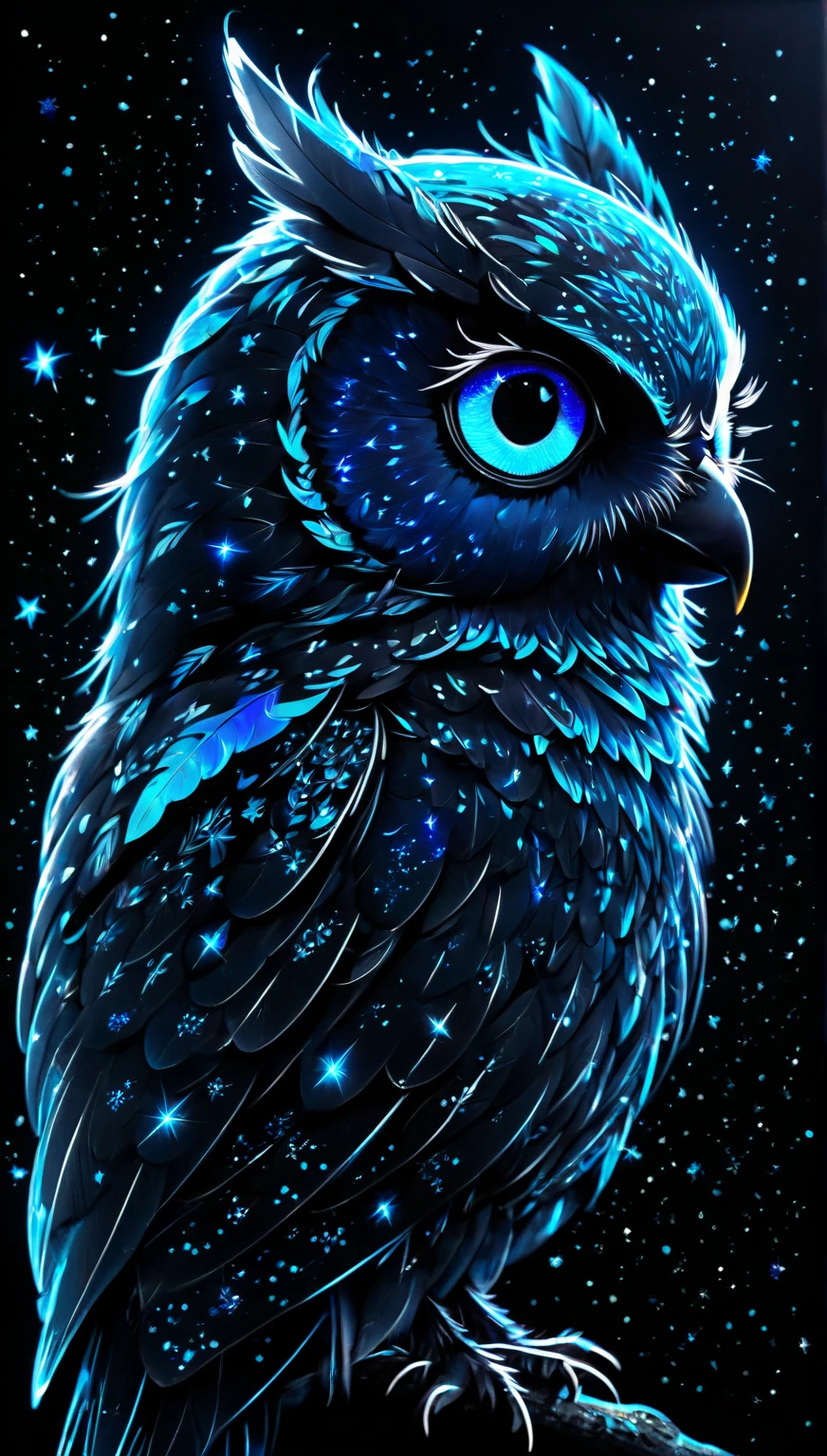 black background, neon, blue owl. in profile., looks to the right. he is small, blue, clean, big cute eyes, iridescent feathers, stars and sparks around the feathers, anime style, clear drawing,fine, picturesque