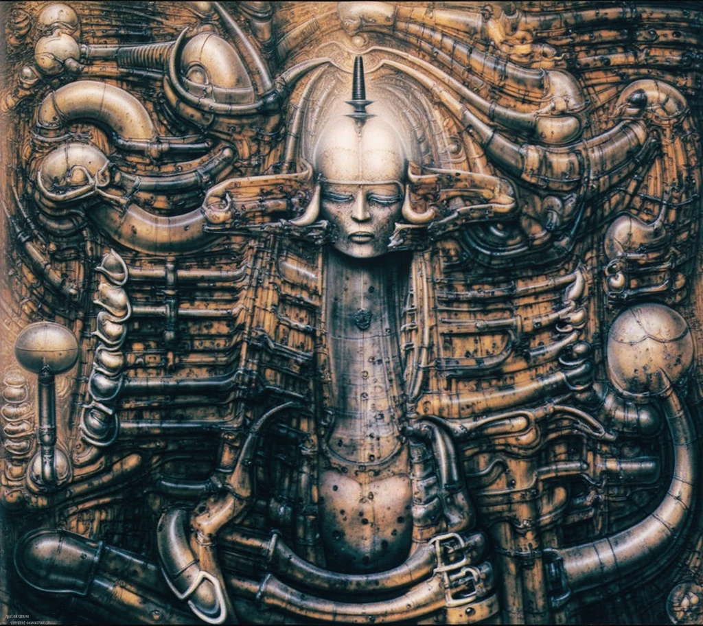 gigerart, a piece of art by HR Giger. The artwork depicts a humanoid figures of a balds , wearing a headband screwed into it's skull. and various straps that bind its body. It's body melds into the background which is a snake of pipes and cables. The figure is integrated into a mechanical framework with pipes, gauges, and metallic fixtures surrounding it. its skin is covered in boils and its veins are visible in places, its eyes are closed and expression suggests discomfort or weariness. The artwork is noisy and messy with scratches and canvas marks in places and desaturated colours, BY GIGER