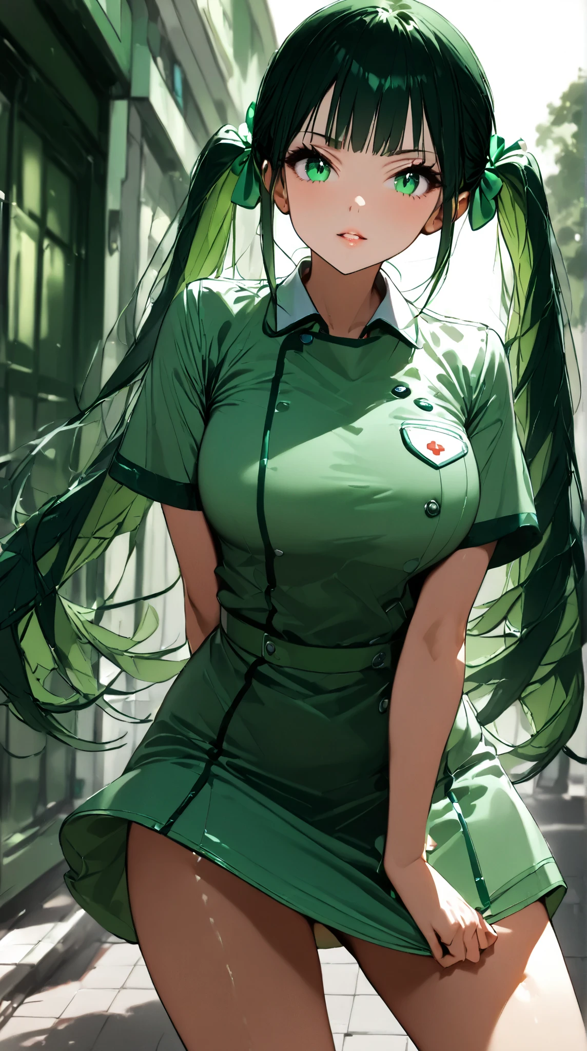 A woman wearing a nurse uniform.A woman wearing a miniskirt,impressive cute shoes.
.Her is the whole body standing. green in color, sexy and popular with women all over the world. She likes the color green. Front view from head to toe. Sexy shoes. Gentle eyes and beautiful voice. Please generate a full body front image. Generate so that her entire figure is visible in the image. Long black hair twintails, green hair ribbon. Her chest is hidden by the costume but is large, her hair is tied up and is black in color. She is standing tall and looking at me from the front. Draw so that she is visible from head to toe. Her hair is tied up. The costume is a nurse uniform, green in color, a cheerful girl wearing futuristic headphones, standing on the street with her legs spread and looking at me. Her breasts are developed but covered by the nurse uniform.impressive cute shoes.